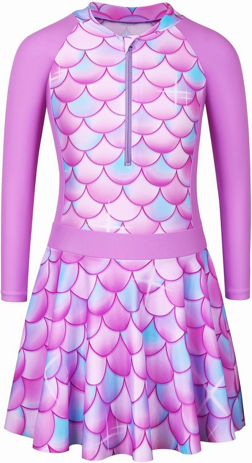 BAOHULU Girls One Piece Swimsuit Long Sleeve Bathing Suit with Skirt UPF 50  Kids Rash Guard Beach Swimwear 3-11 Years