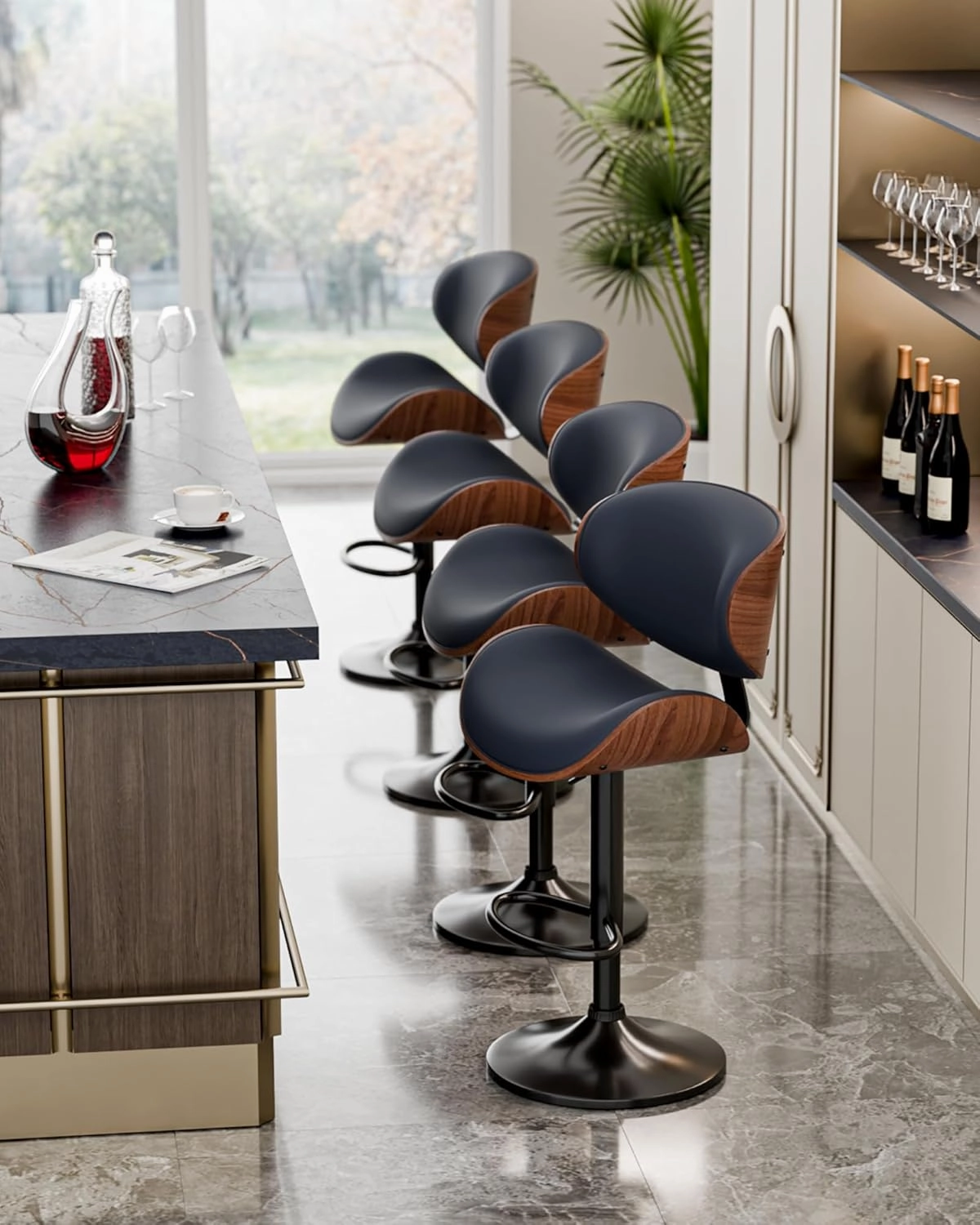 Bar Stools Set of 2, Adjustable Swivel Leather Bar Stools for Kitchen Island, Mid Century Modern Counter Height Bar Chairs Barstools with Back & Footrest (Blue)