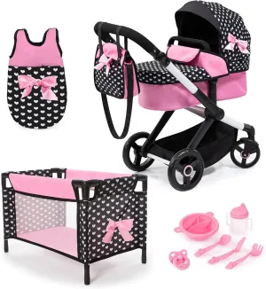Bayer Design Dolls: Xeo Mega 10 Piece Set - Black, Pink, Hearts - Pram, Bed, Handbag, Feeding & Care Accessories for Dolls Up to 18", Toy, Kids Age 3 