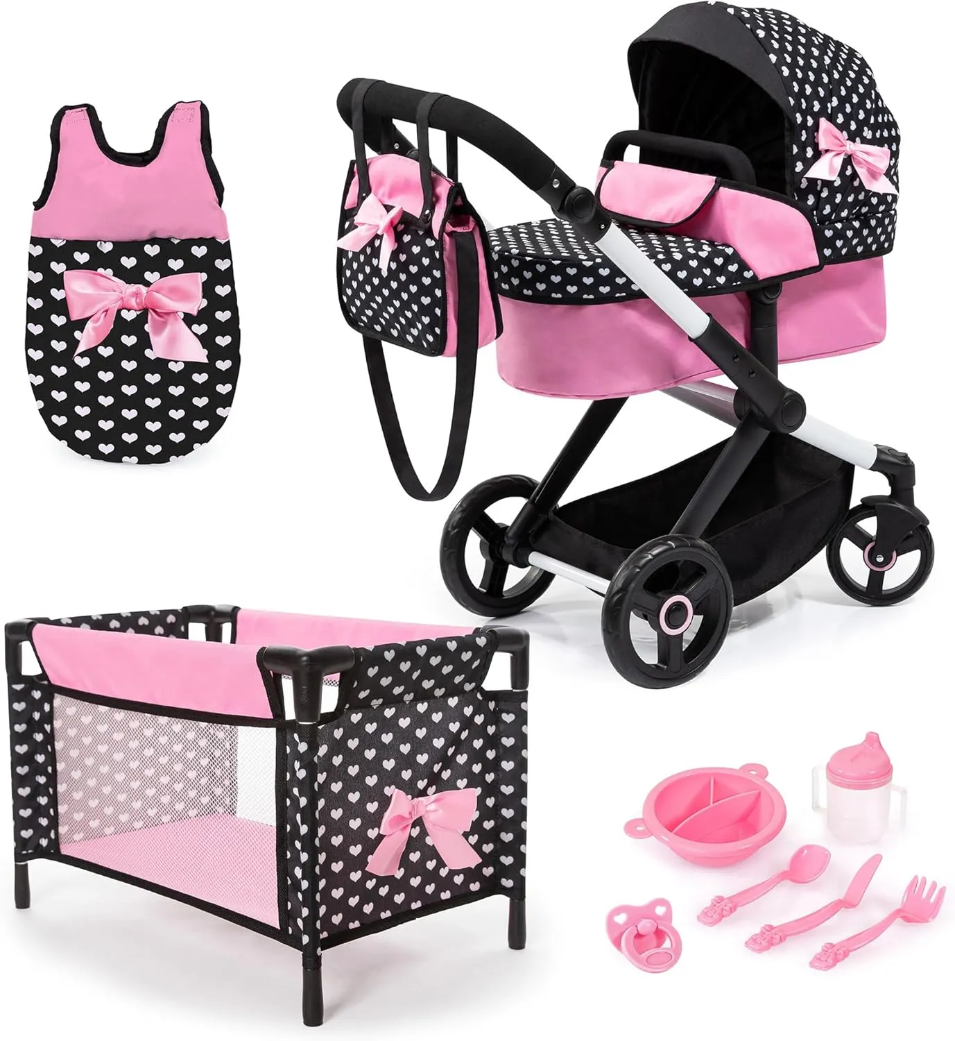 Bayer Design Dolls: Xeo Mega 10 Piece Set - Black, Pink, Hearts - Pram, Bed, Handbag, Feeding & Care Accessories for Dolls Up to 18", Toy, Kids Age 3 