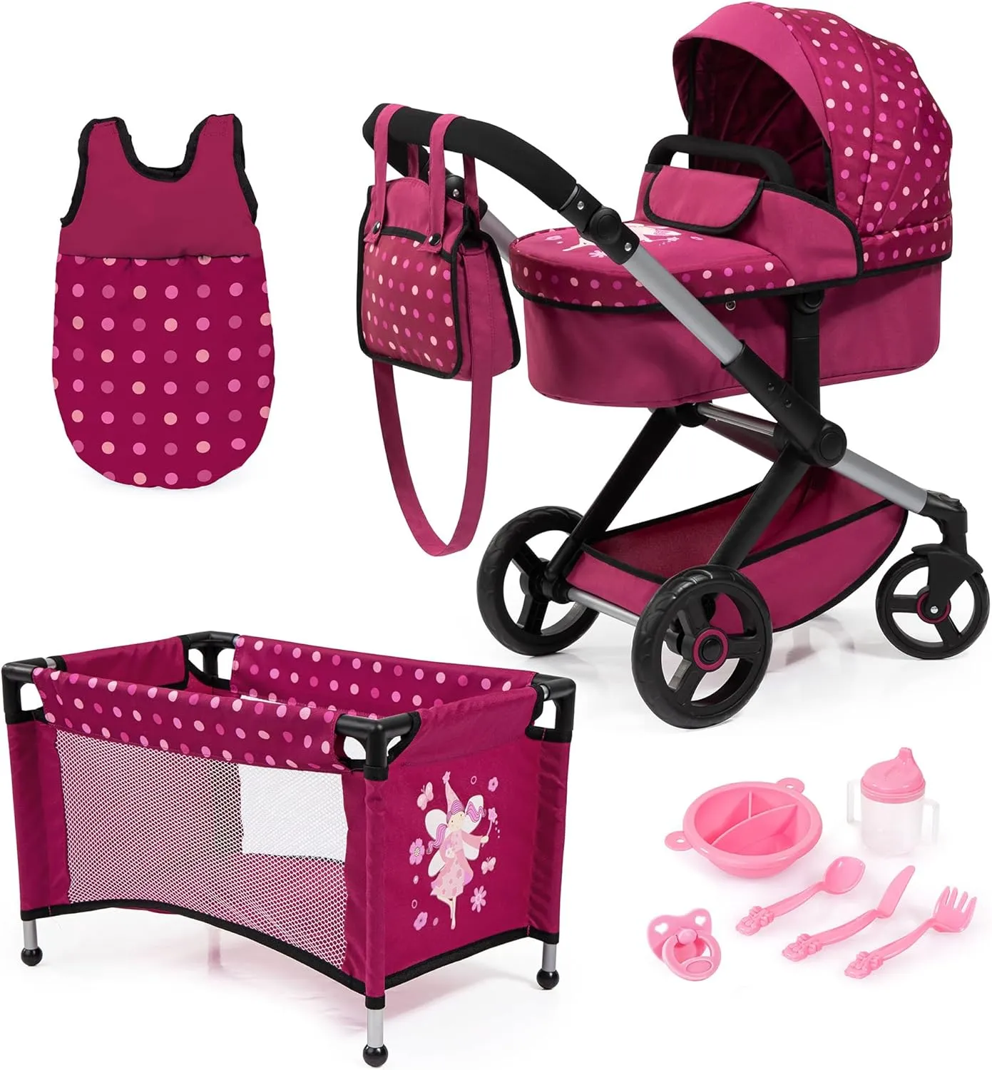Bayer Design Dolls: Xeo Mega 10pc Set - Hot Pink, Dots, Fairy - Pram, Bed, Handbag, Feeding & Care Accessories for Dolls Up to 18", Kids Toy, Ages 3 