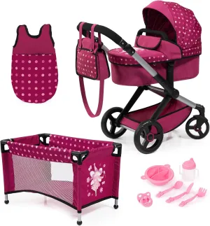Bayer Design Dolls: Xeo Mega 10pc Set - Hot Pink, Dots, Fairy - Pram, Bed, Handbag, Feeding & Care Accessories for Dolls Up to 18", Kids Toy, Ages 3 