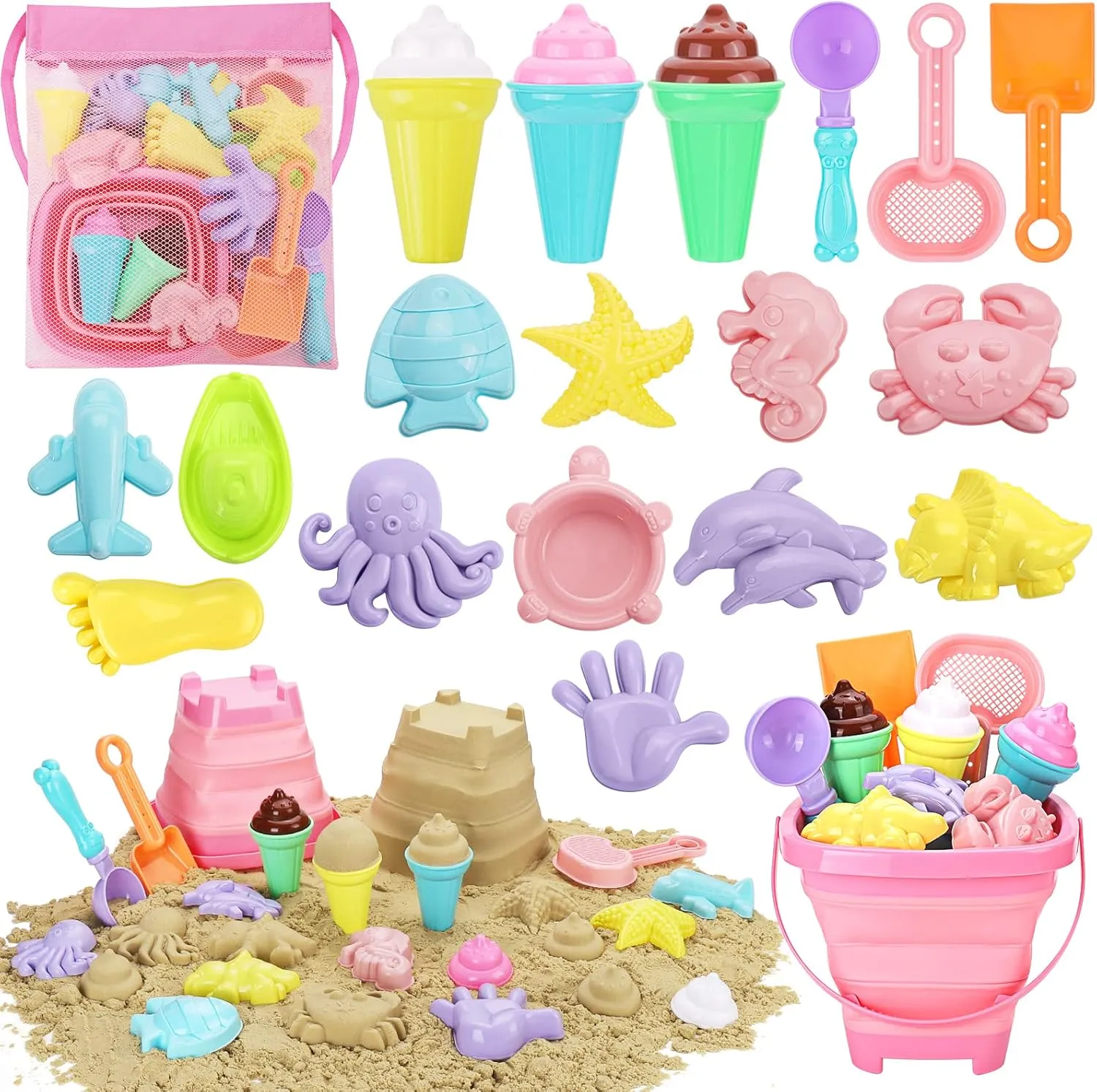 Beach Toys, Ice Cream Sand Toys for Toddlers, with Collapsible Bucket and Shovels for Kids with Bag, Travel Toys for Boys Baby Girls Age 3 4 5 6 7 8 