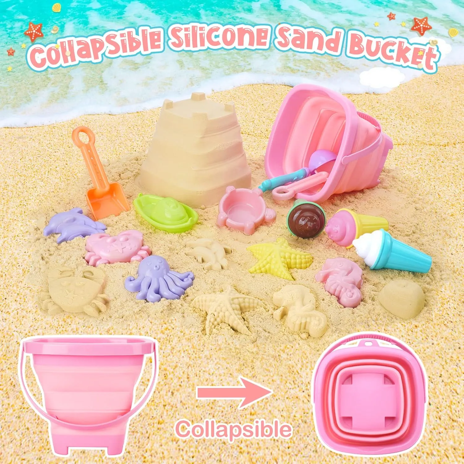 Beach Toys, Ice Cream Sand Toys for Toddlers, with Collapsible Bucket and Shovels for Kids with Bag, Travel Toys for Boys Baby Girls Age 3 4 5 6 7 8 