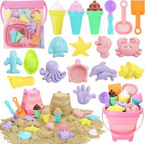 Beach Toys, Ice Cream Sand Toys for Toddlers, with Collapsible Bucket and Shovels for Kids with Bag, Travel Toys for Boys Baby Girls Age 3 4 5 6 7 8 