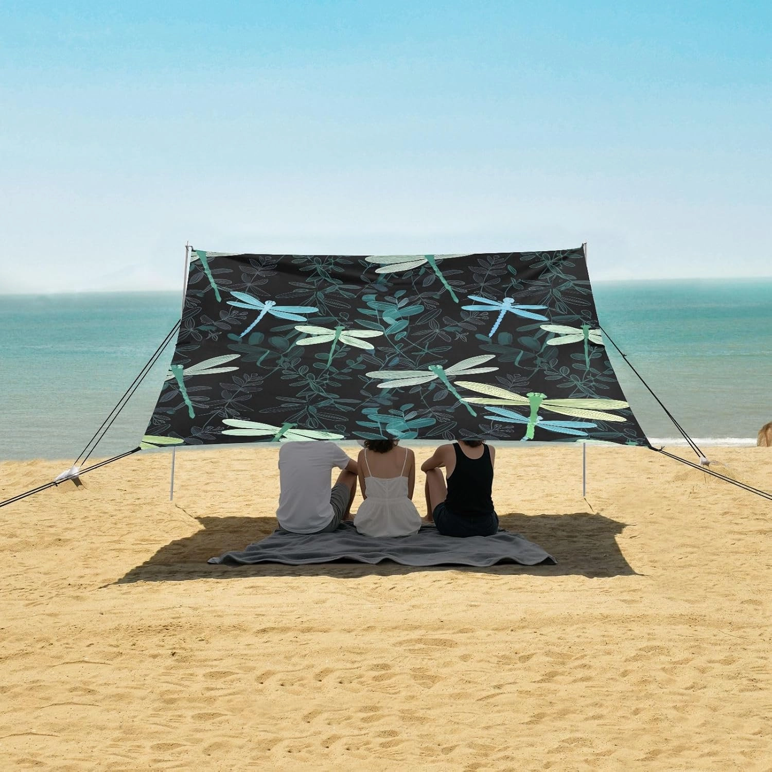 Beach Tent Canopy Outdoor Sun Shade Patio 9.2 × 10.5 FT Dragonflies Stylized Leaves Black Camping Sun Shelter Custom Funny Windproof with Sandbags Anchor