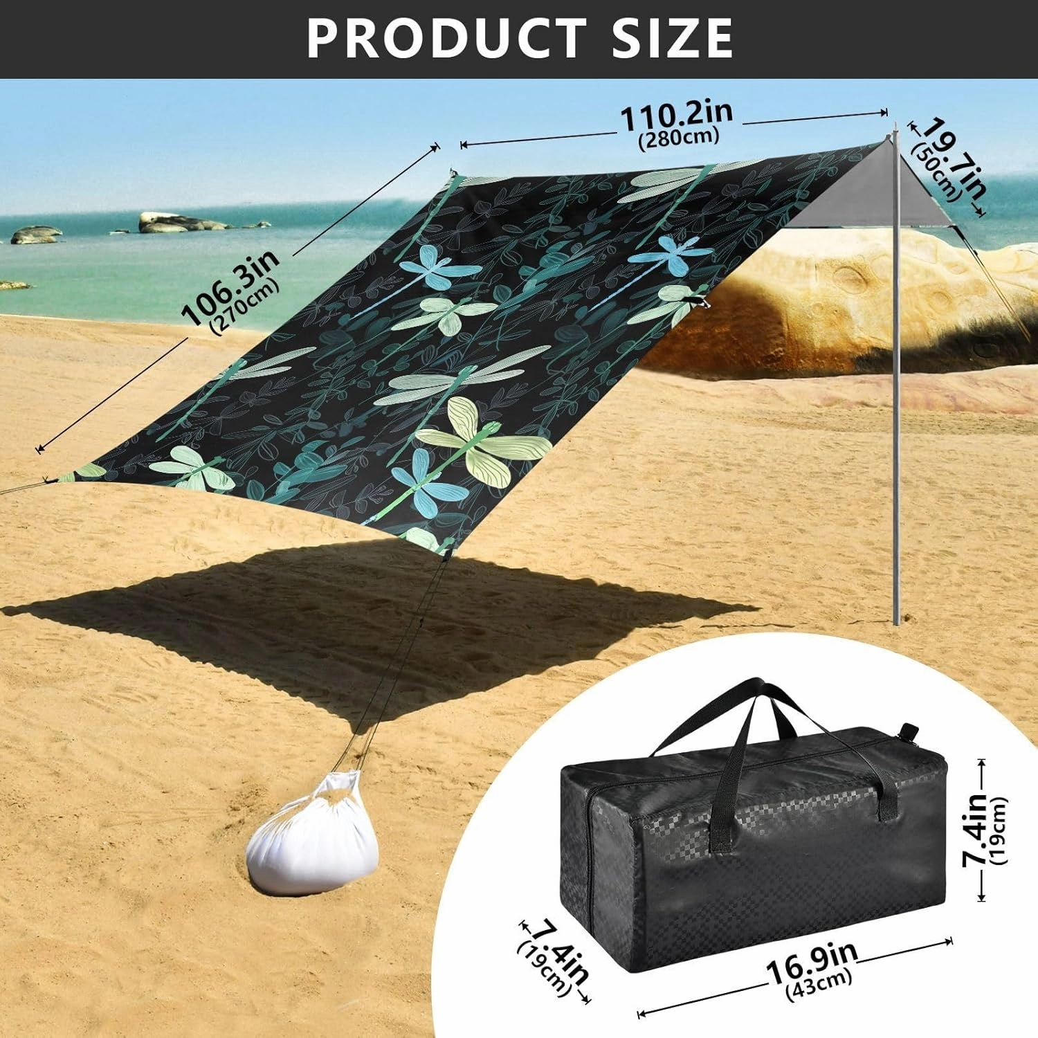 Beach Tent Canopy Outdoor Sun Shade Patio 9.2 × 10.5 FT Dragonflies Stylized Leaves Black Camping Sun Shelter Custom Funny Windproof with Sandbags Anchor