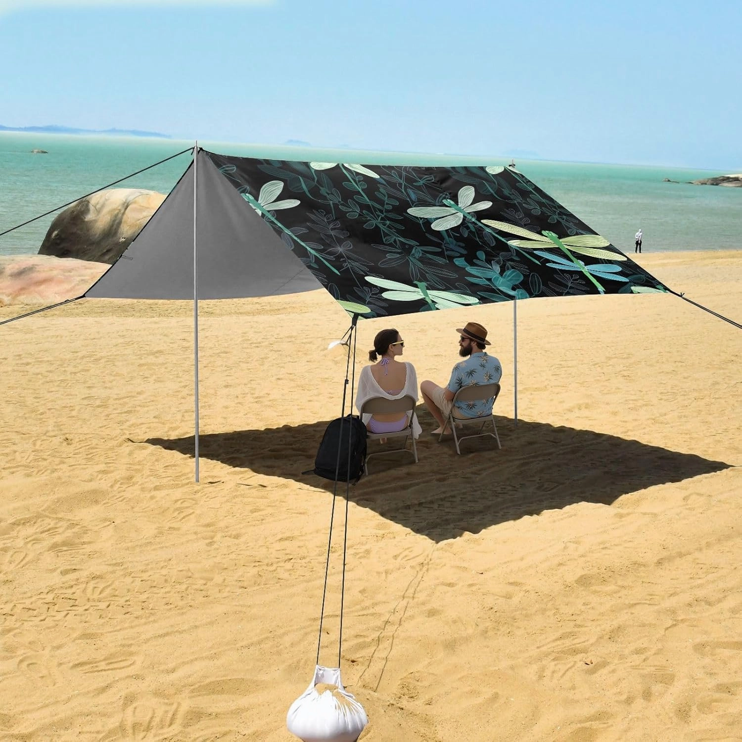 Beach Tent Canopy Outdoor Sun Shade Patio 9.2 × 10.5 FT Dragonflies Stylized Leaves Black Camping Sun Shelter Custom Funny Windproof with Sandbags Anchor