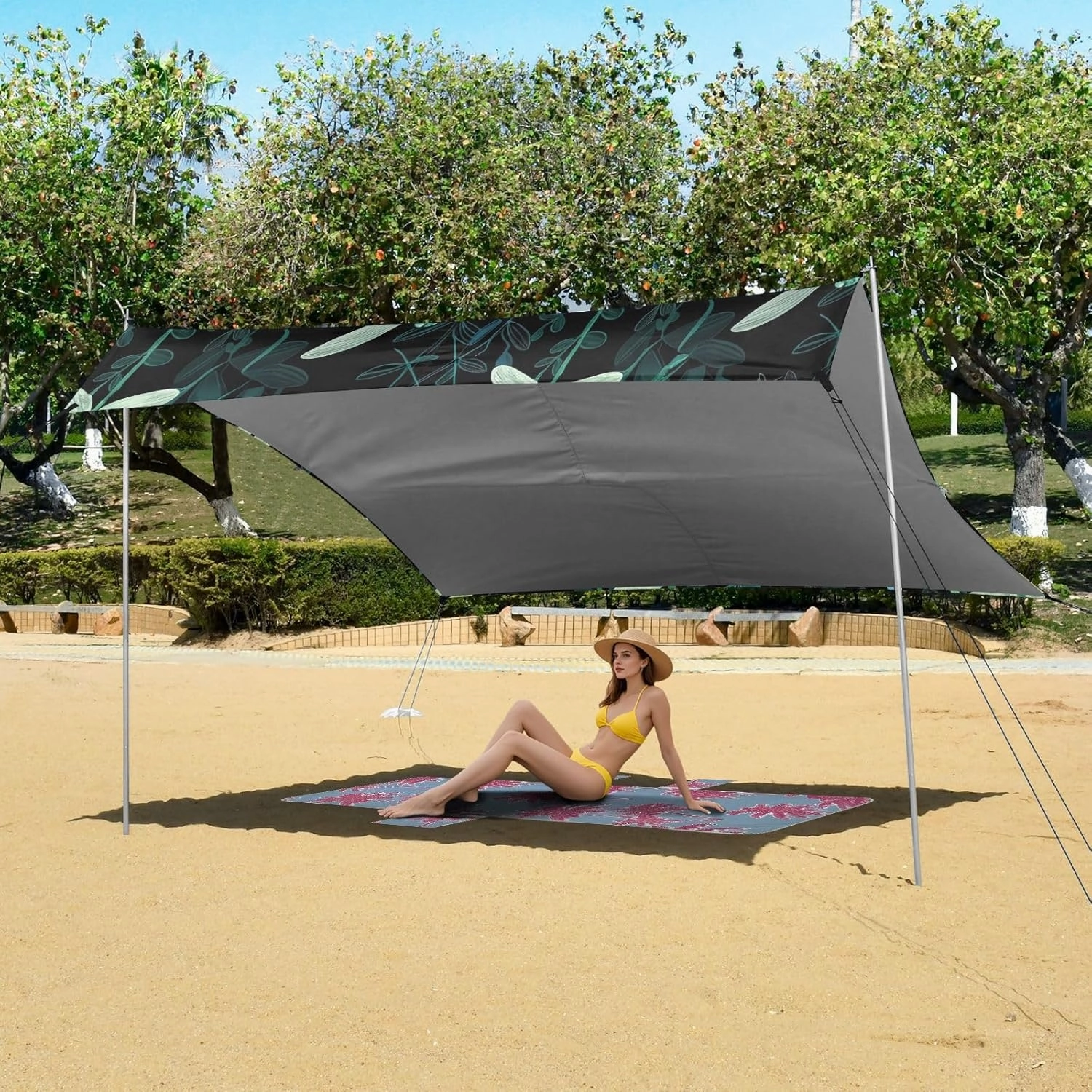 Beach Tent Canopy Outdoor Sun Shade Patio 9.2 × 10.5 FT Dragonflies Stylized Leaves Black Camping Sun Shelter Custom Funny Windproof with Sandbags Anchor