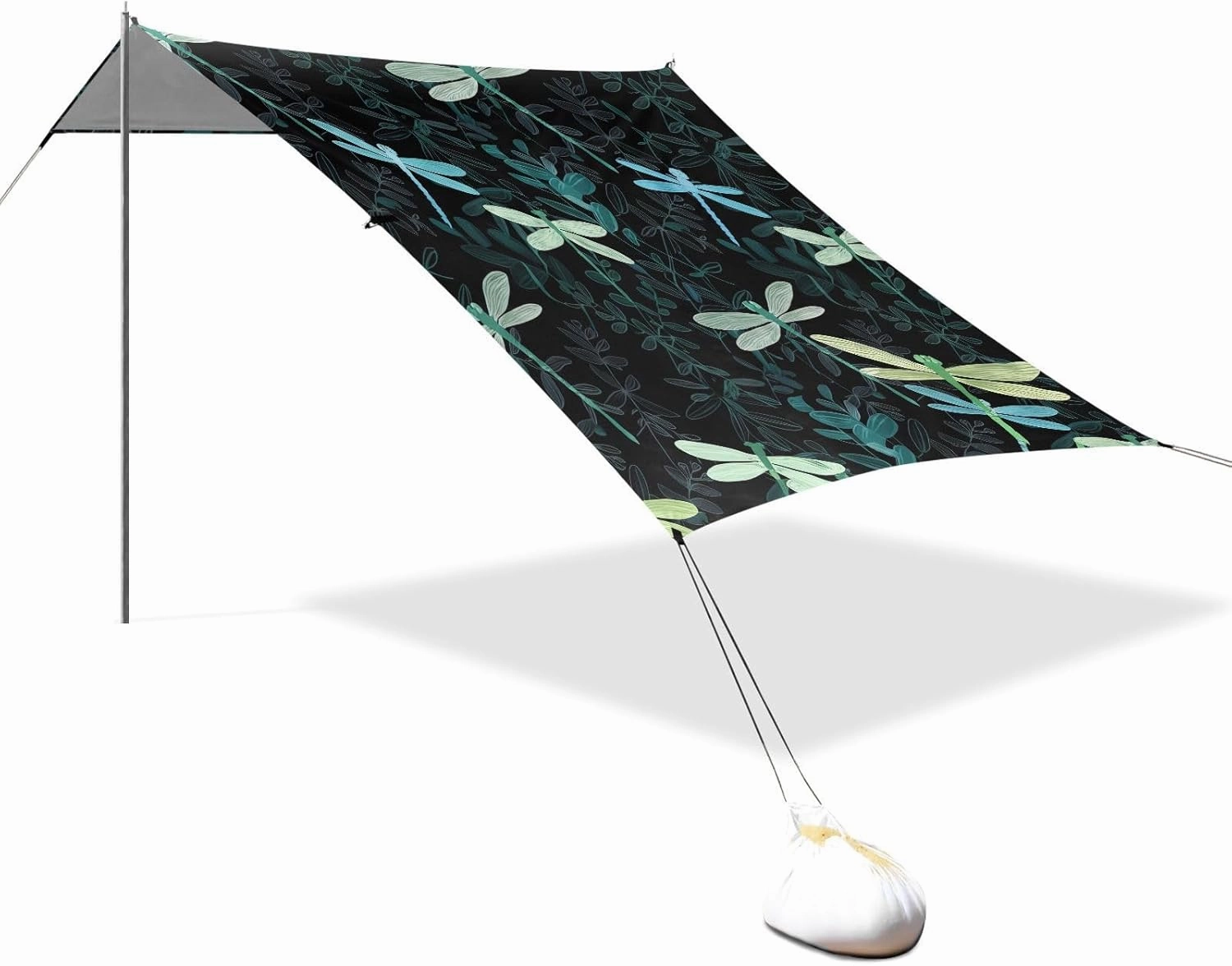 Beach Tent Canopy Outdoor Sun Shade Patio 9.2 × 10.5 FT Dragonflies Stylized Leaves Black Camping Sun Shelter Custom Funny Windproof with Sandbags Anchor