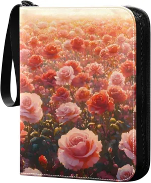 Beautiful Rose Field Card Binder 4 Pocket Trading Card Album Fits 400 Sports/Game Cards, PU Cover 3 Ring Card Collection with 50 Removable Sleeves