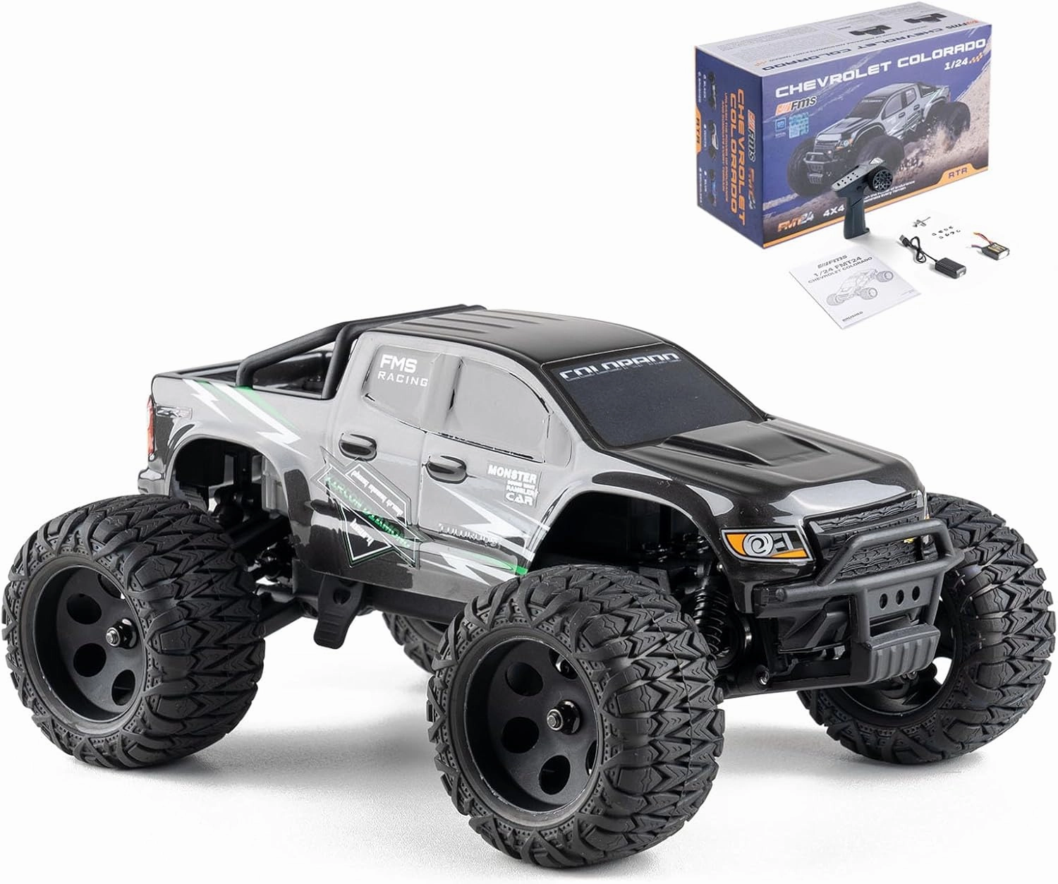 BEEZRC FMS 1/24 RC Monster Truck Colorado FMT24 Fast Drift RC Car Licensed Chevy RC Offroad RTR Electric Hobby Radio Controlled Truck 4x4 Waterproof High Speed Remote Control Car for Adults(Black)
