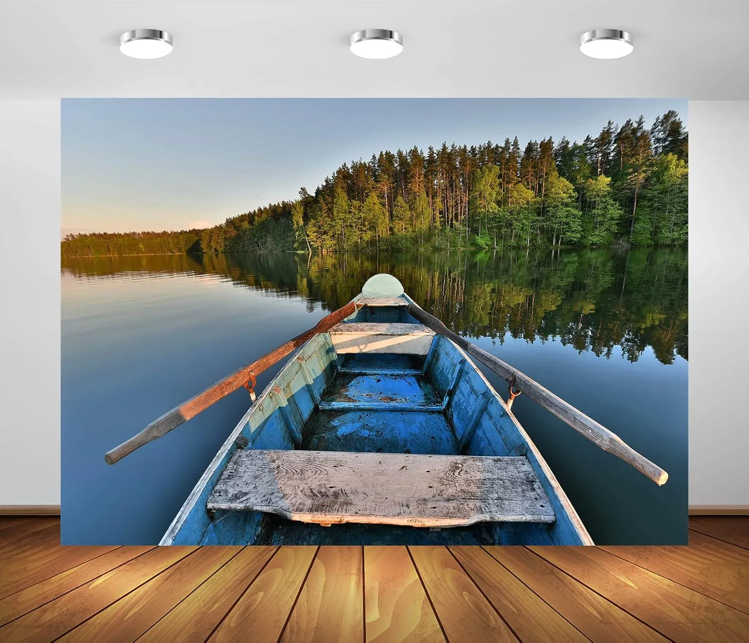 BELECO 7x5ft Fabric Old Wooden Fishing Boat Backdrop Summer Forest Lake Water Fishing Background for Photography Fishing Theme Party Decorations Studio Booth Photo Props