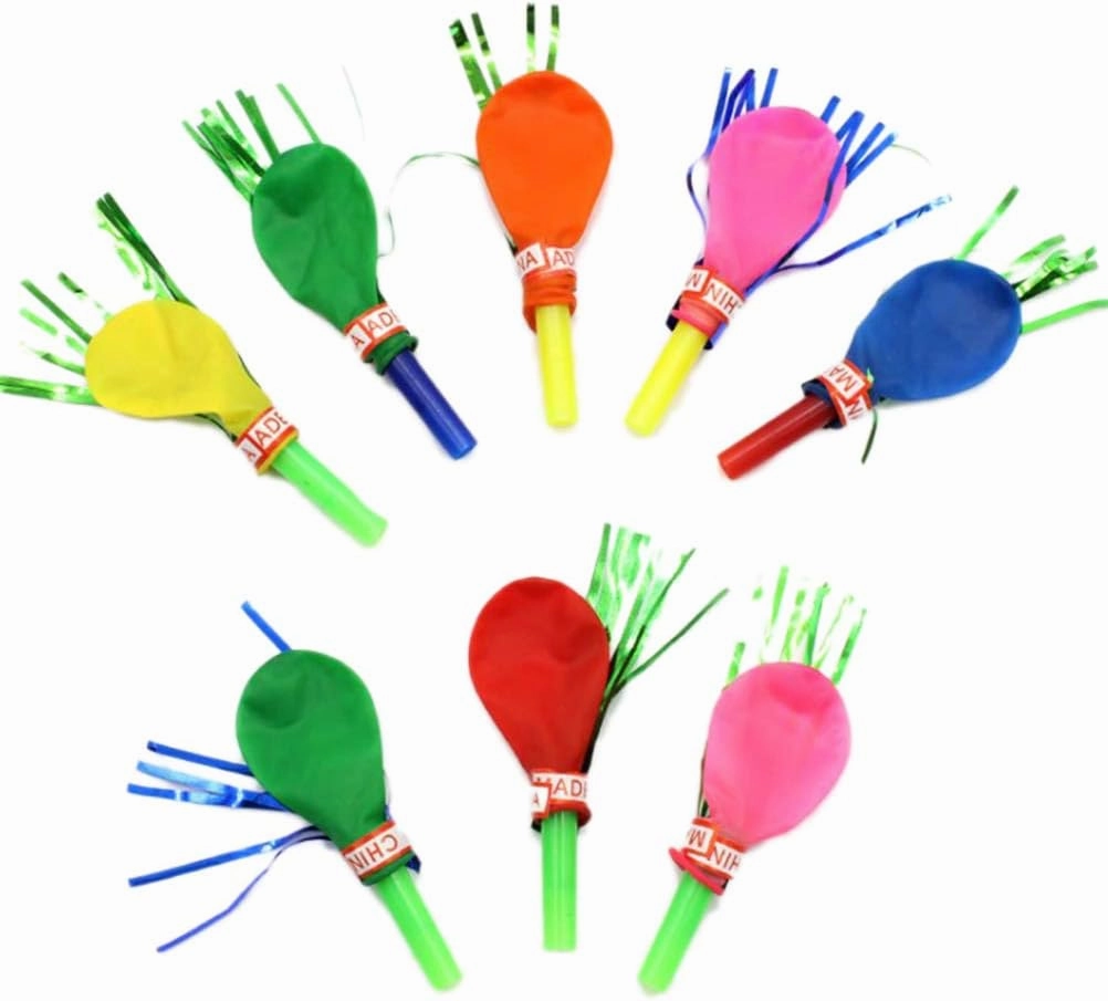 BESTOYARD 100 Pcs Musical Blow Outs Balloon Mixed Glitter Fringed Metallic Noisemaker Kids Cute Blowouts Whistles for Halloween Xmas Party(Random Color)