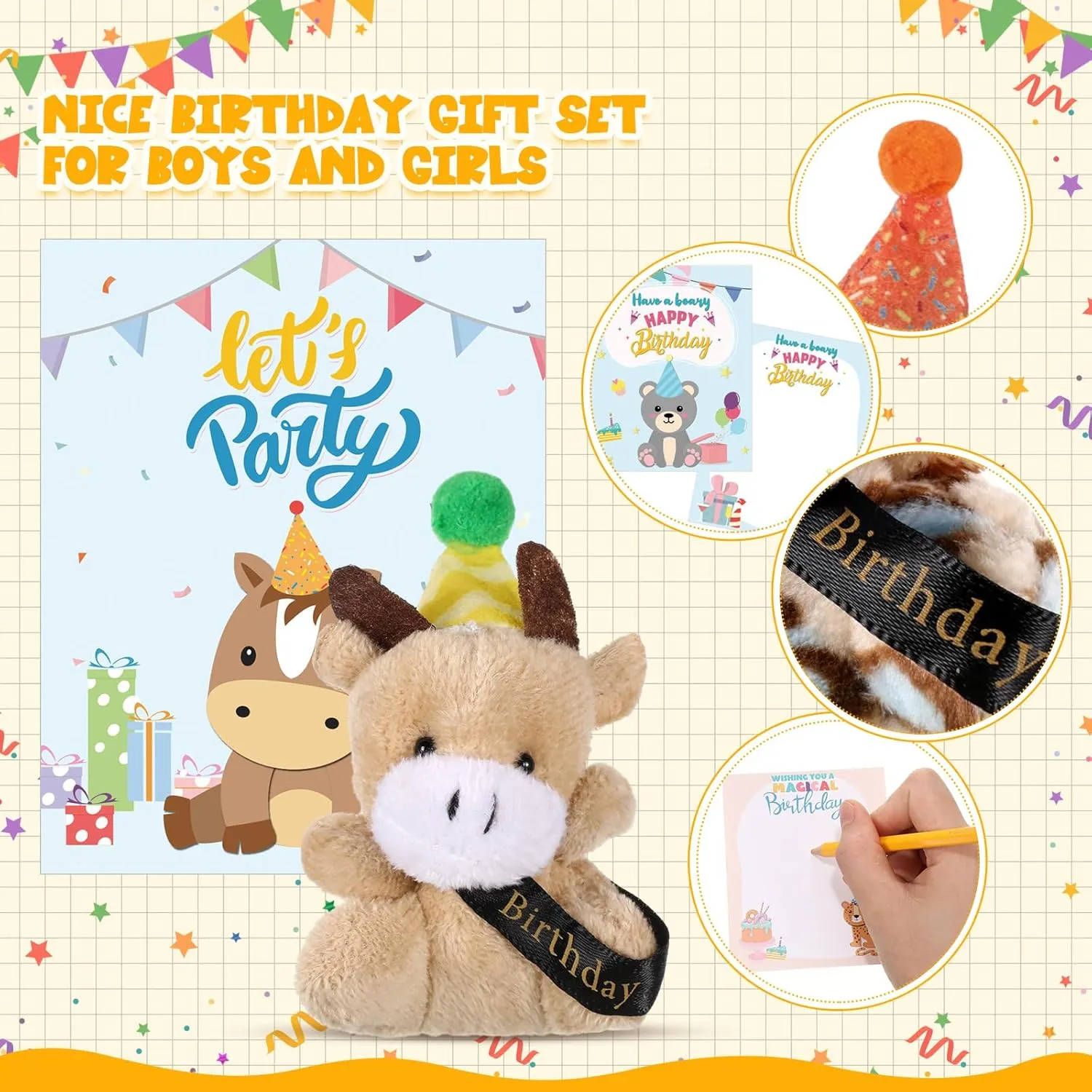 Birthday Mini Animal Plush Toy with Hats, Birthday Party Decor Stuffed Animal Bulk for Student Classroom Reward Gifts Goodie Bag Stuffers(48 Pcs,Plush Animal with Card)