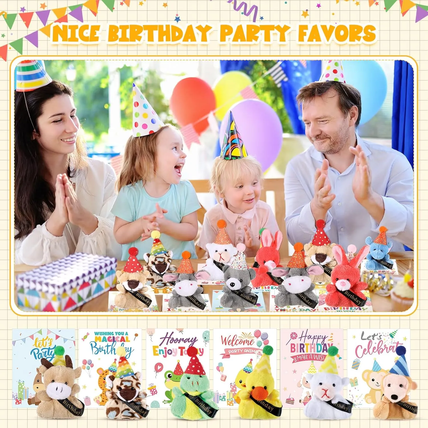 Birthday Mini Animal Plush Toy with Hats, Birthday Party Decor Stuffed Animal Bulk for Student Classroom Reward Gifts Goodie Bag Stuffers(48 Pcs,Plush Animal with Card)