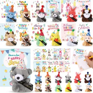 Birthday Mini Animal Plush Toy with Hats, Birthday Party Decor Stuffed Animal Bulk for Student Classroom Reward Gifts Goodie Bag Stuffers(48 Pcs,Plush Animal with Card)