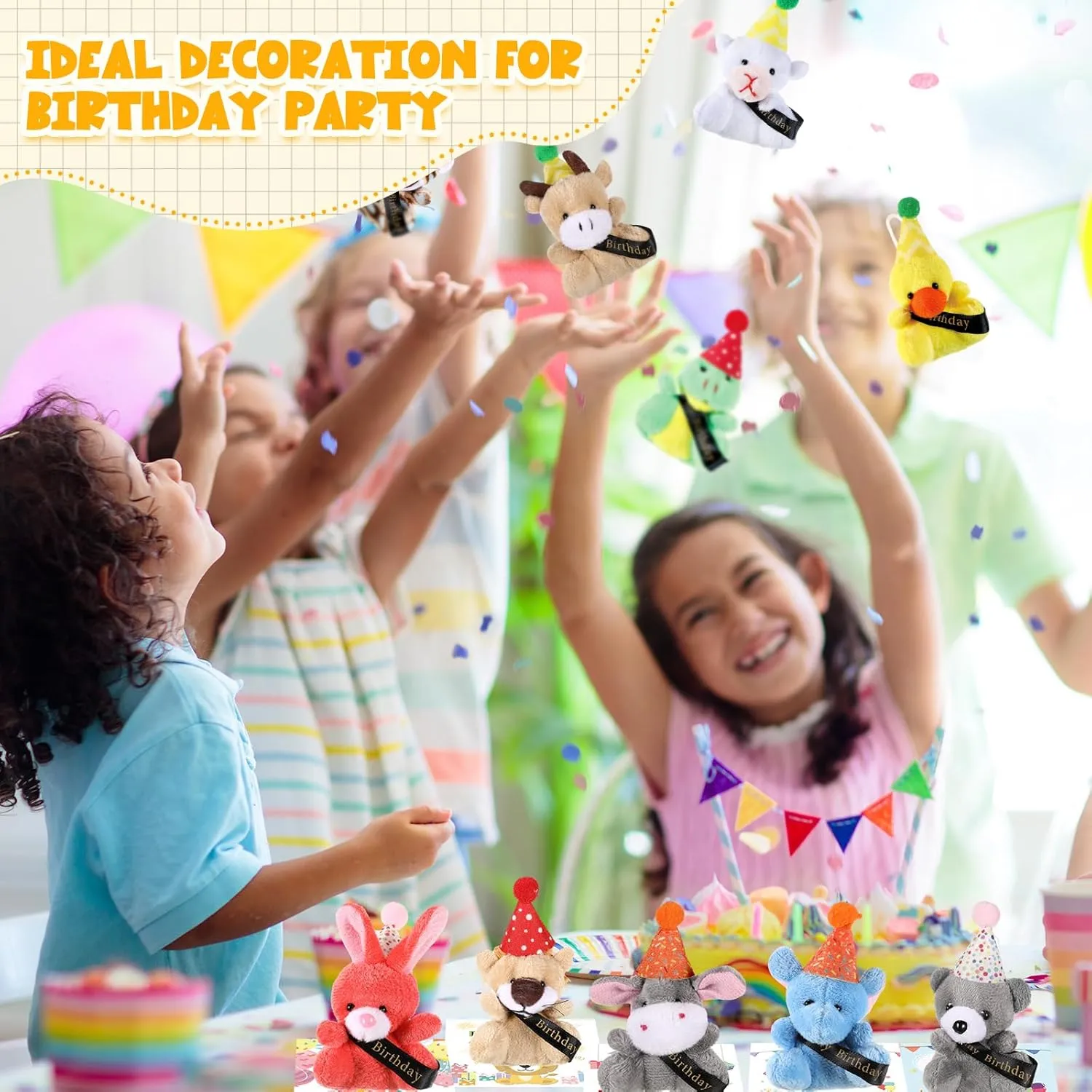 Birthday Mini Animal Plush Toy with Hats, Birthday Party Decor Stuffed Animal Bulk for Student Classroom Reward Gifts Goodie Bag Stuffers(48 Pcs,Plush Animal with Card)