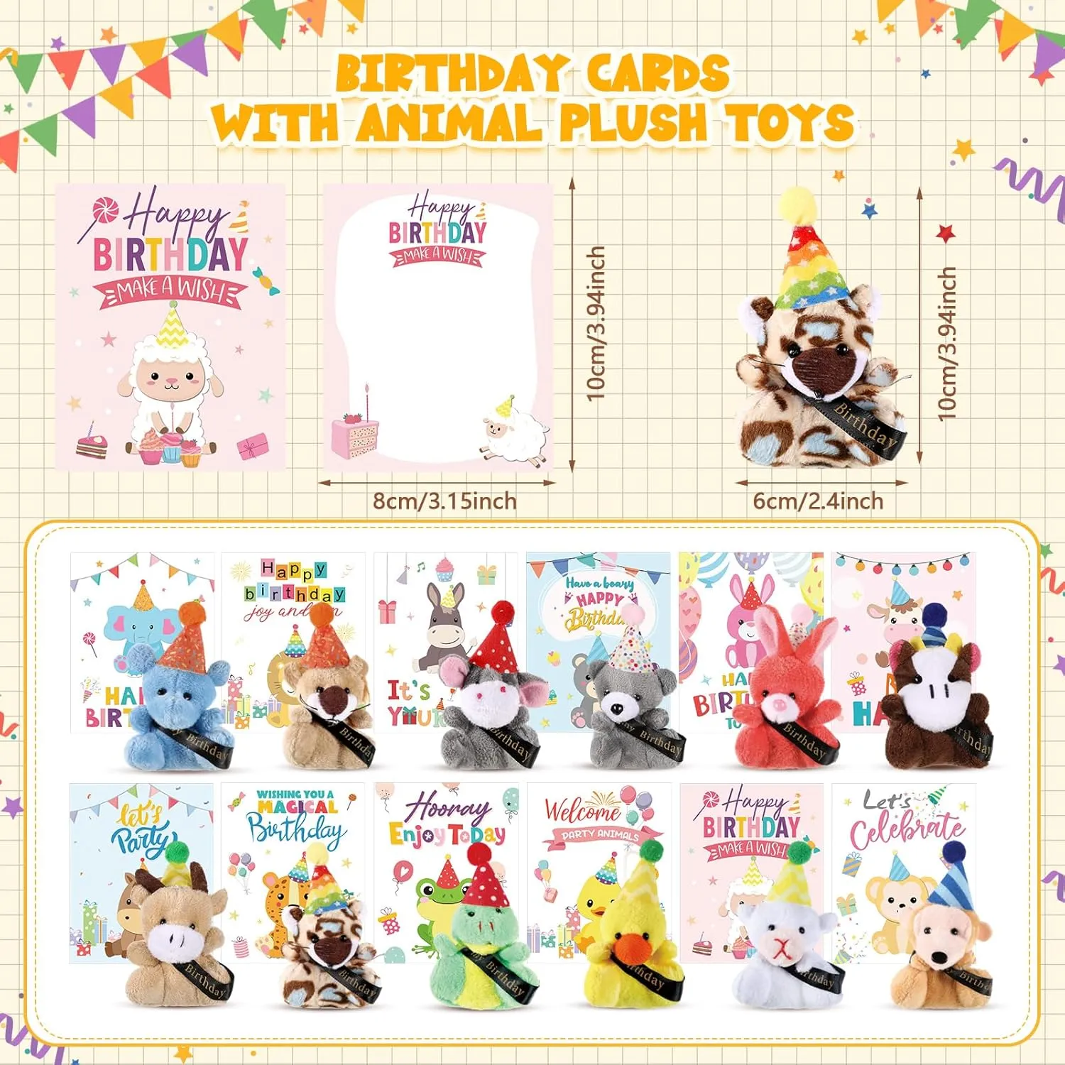 Birthday Mini Animal Plush Toy with Hats, Birthday Party Decor Stuffed Animal Bulk for Student Classroom Reward Gifts Goodie Bag Stuffers(48 Pcs,Plush Animal with Card)