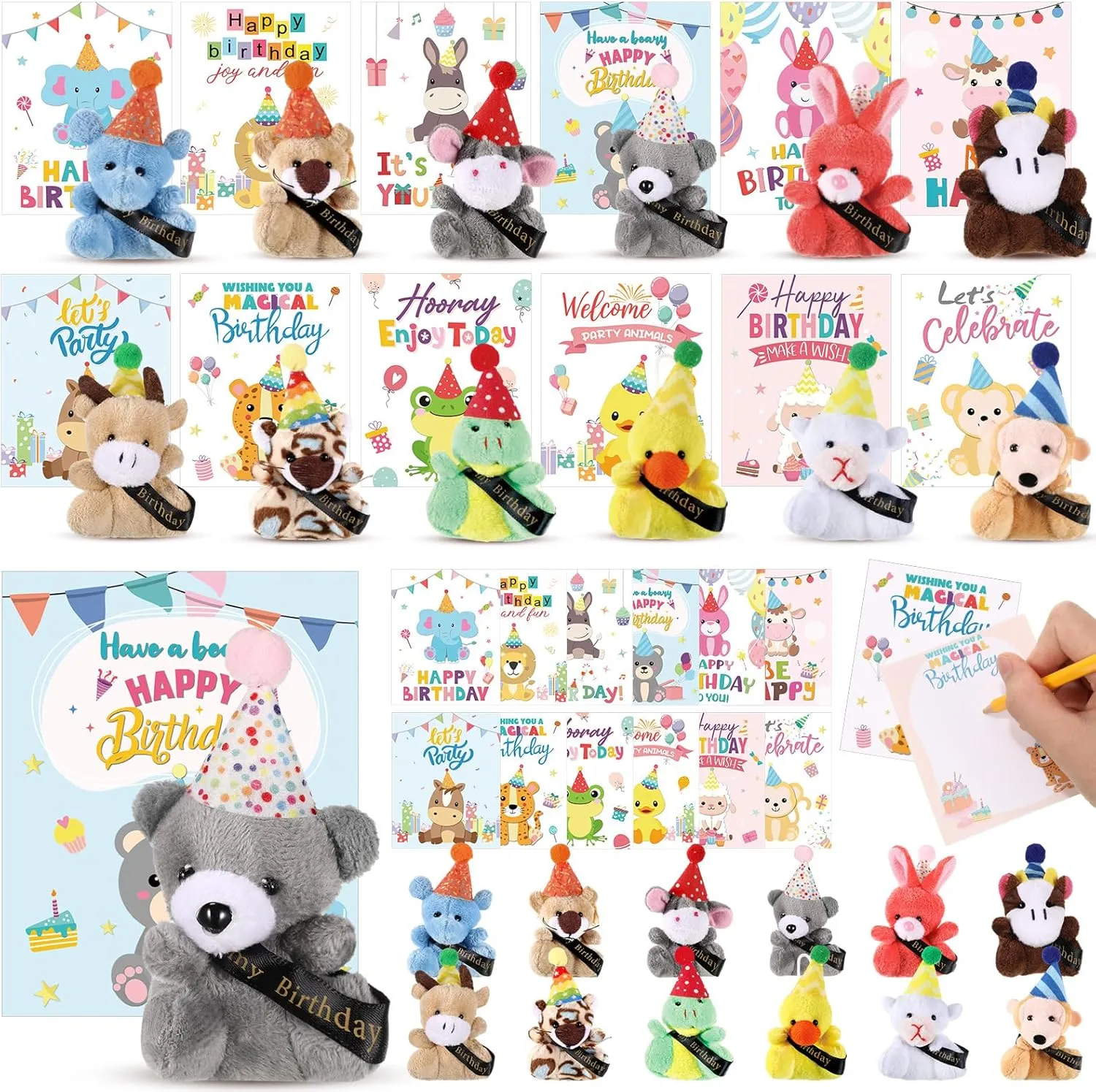 Birthday Mini Animal Plush Toy with Hats, Birthday Party Decor Stuffed Animal Bulk for Student Classroom Reward Gifts Goodie Bag Stuffers(48 Pcs,Plush Animal with Card)
