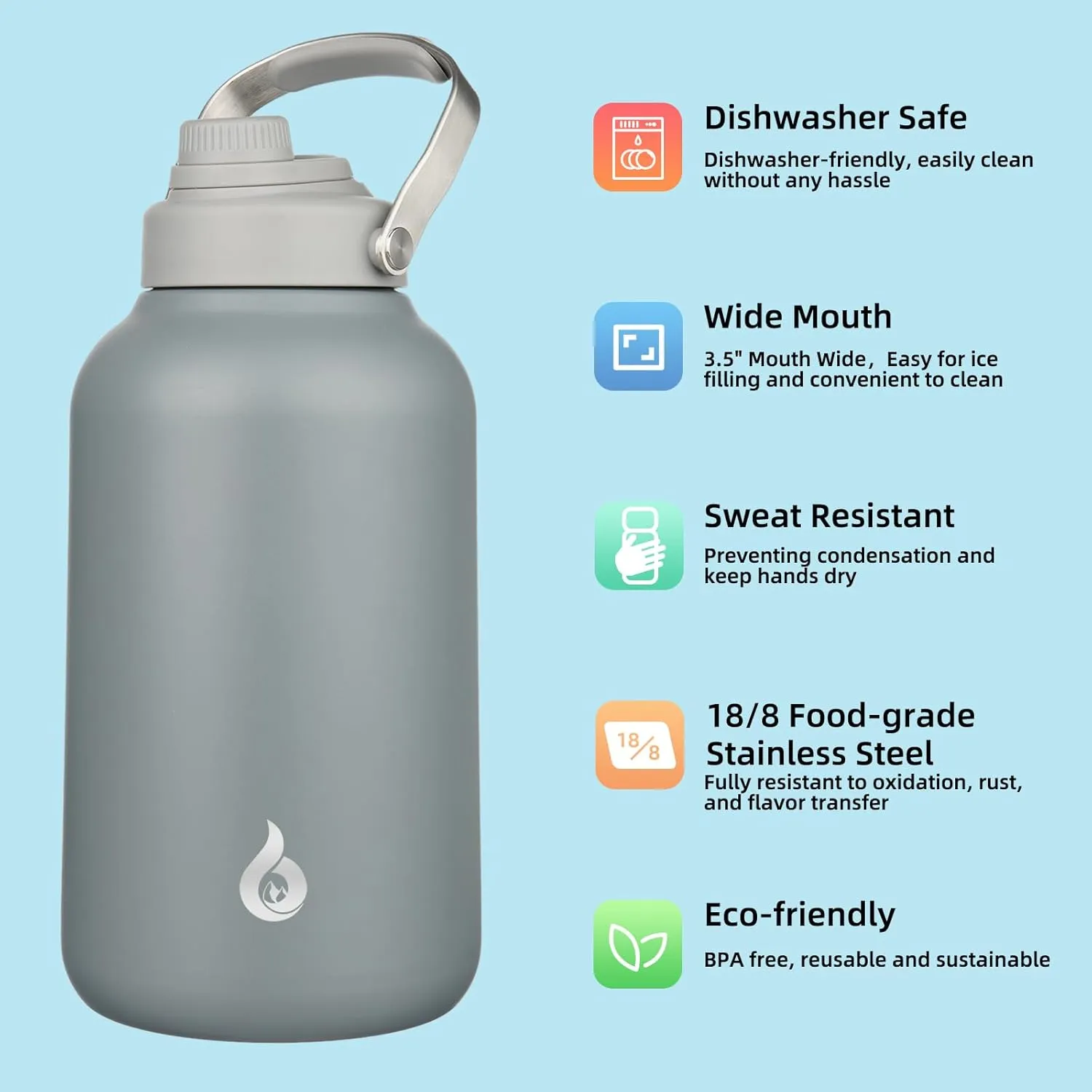 BJPKPK 1 Gallon Water Bottle Insulated, Dishwasher Safe 128oz Large Water Jug with Metal Handle & BPA Free Spout Lid, Stainless Steel Metal Thermos for Gym, Sports & Hiking, Grey
