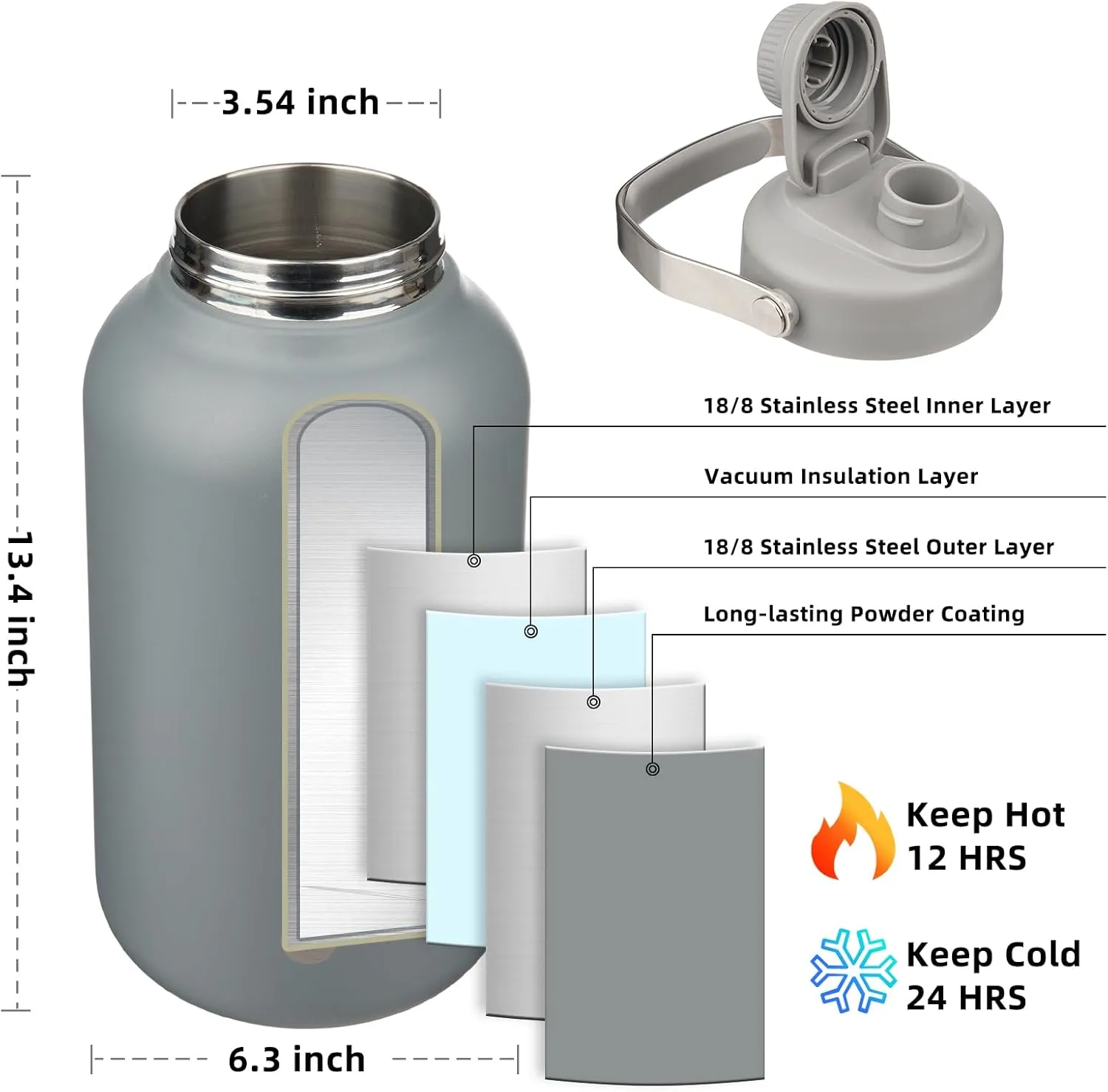 BJPKPK 1 Gallon Water Bottle Insulated, Dishwasher Safe 128oz Large Water Jug with Metal Handle & BPA Free Spout Lid, Stainless Steel Metal Thermos for Gym, Sports & Hiking, Grey