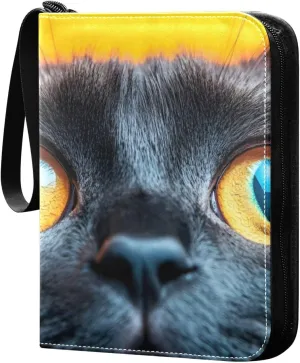 Black Cat Yellow Eyes Card Binder 4 Pocket Trading Card Album Fits 400 Sports/Game Cards, PU Cover 3 Ring Card Collection with 50 Removable Sleeves