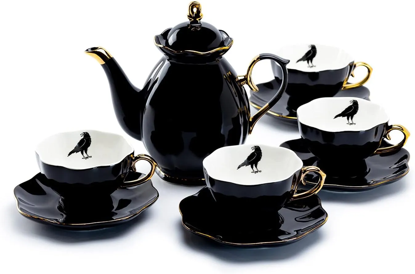 Black Gold Scallop Teapot   4 Raven Tea Cup and Saucer Set