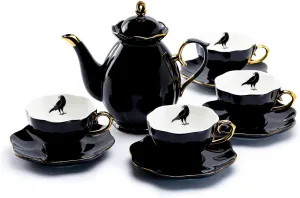 Black Gold Scallop Teapot   4 Raven Tea Cup and Saucer Set