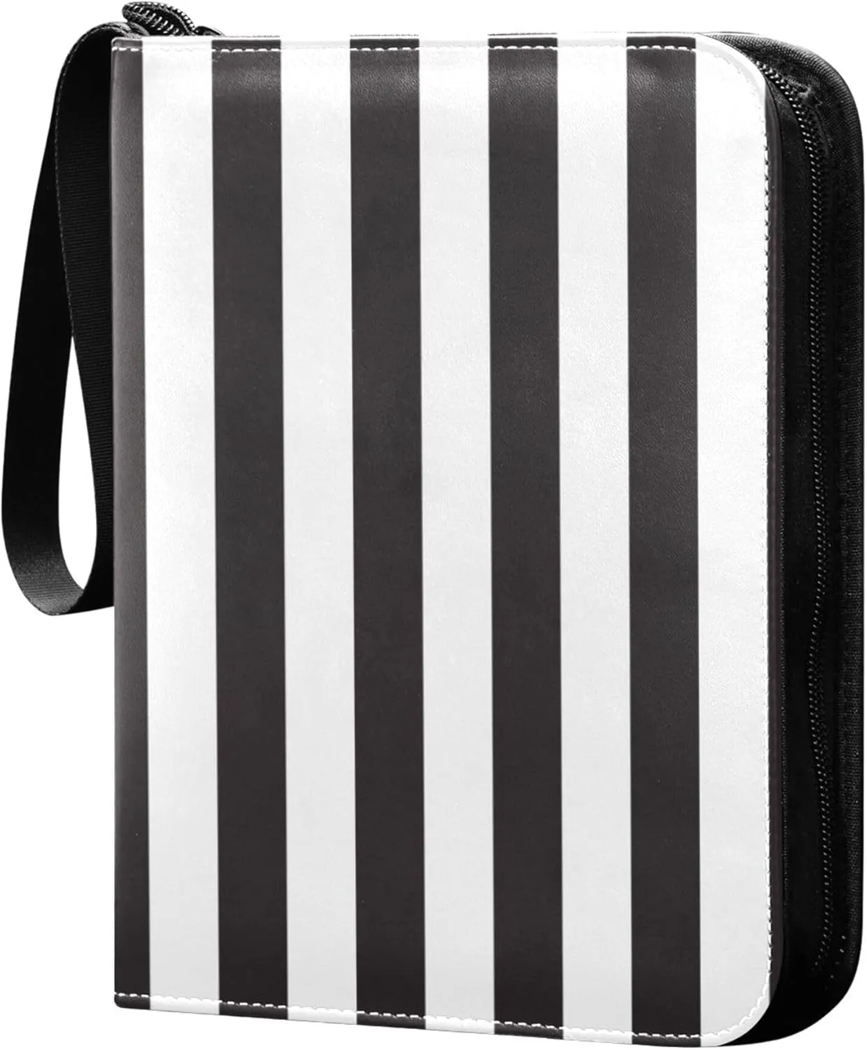 Black White Stripes Card Binder 4 Pocket Collectible Trading Card Albums with 50 Sleeves Double Side PU Waterproof 3 Ring for Sports & Game Cards