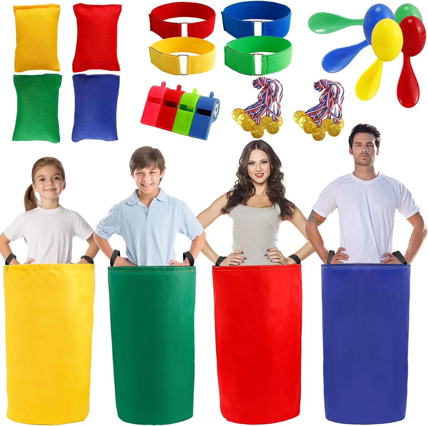 Blcculi 32 Pcs Outdoor Games Potato Sack Race Bags for Adults and Kids,Bean Bag Toss Game,3 Legged Race Bands,Egg and Spoon Race Games,Carnival Yard Lawn Games for Birthday Party Field Day Games