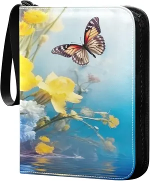 Blue Beautiful Butterflies Card Binder 4 Pocket Collectible Trading Card Albums with 50 Sleeves Double Side PU Waterproof 3 Ring for Sports & Game Cards
