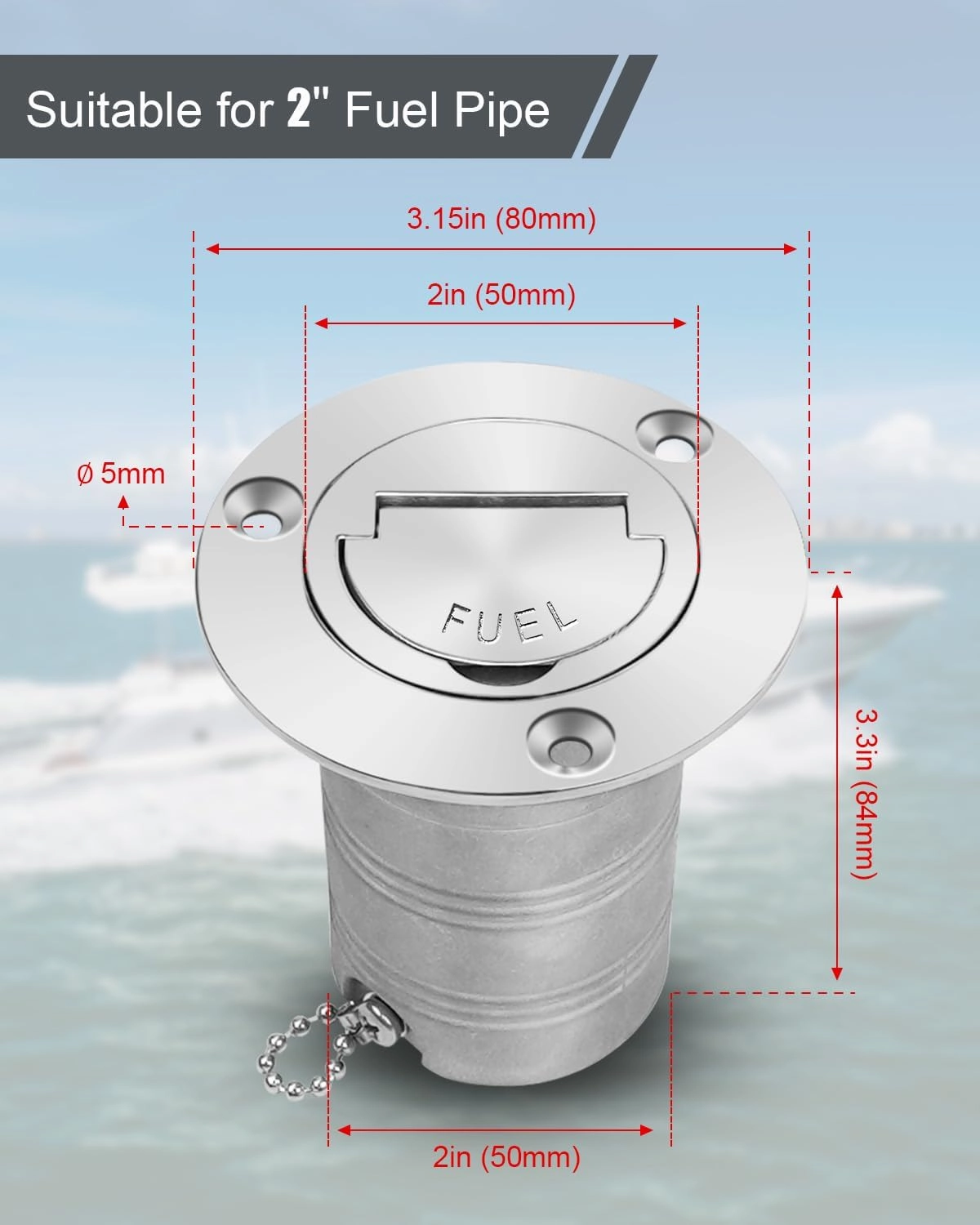 Boat Marine Deck Fill Filler Replacement Part Keyless Cap with Chain 316 Stainless Steel Mirror Polished Gas Fuel Tank Hardware for 2"(50mm) Tube