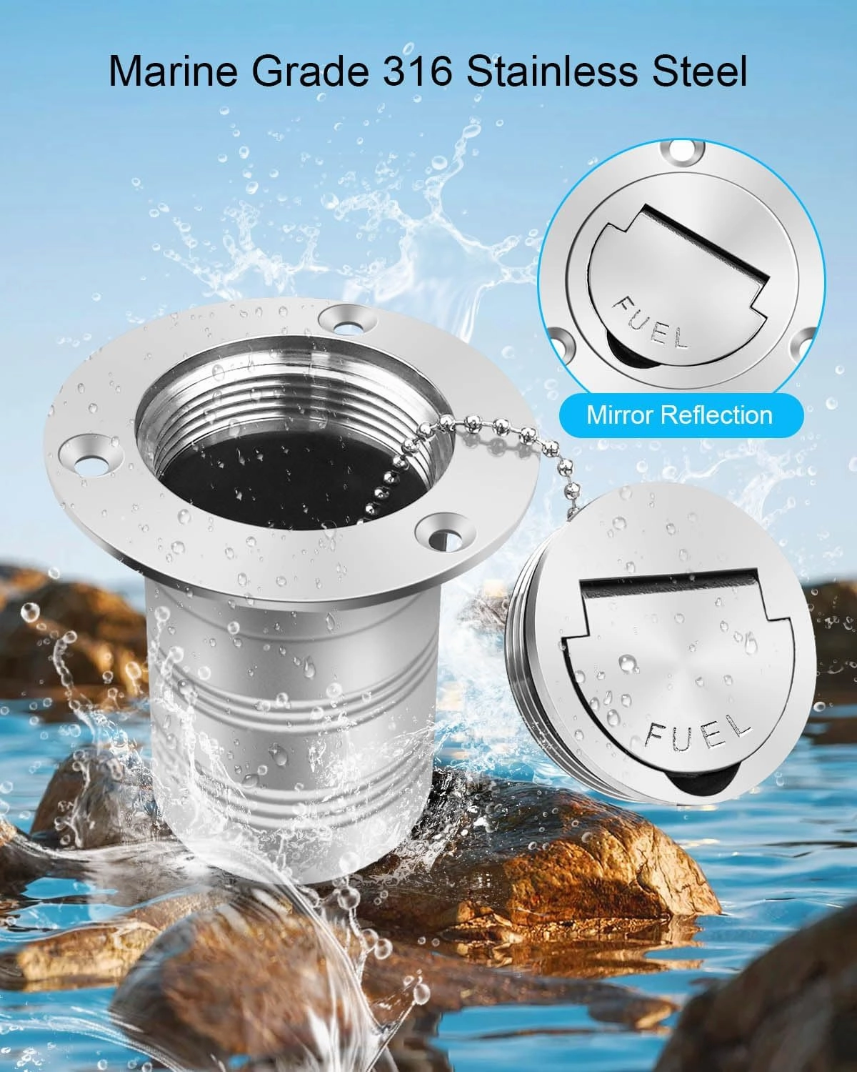 Boat Marine Deck Fill Filler Replacement Part Keyless Cap with Chain 316 Stainless Steel Mirror Polished Gas Fuel Tank Hardware for 2"(50mm) Tube