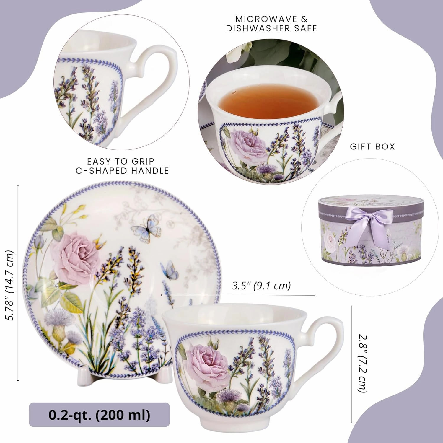 Bone China Tea/Coffee Cup and Saucer in Gift Box Fine Bone China Coffee Cup with Saucer Tea Cup and Saucer Set of One,Porcelain Cup and Saucer (Lavanda)