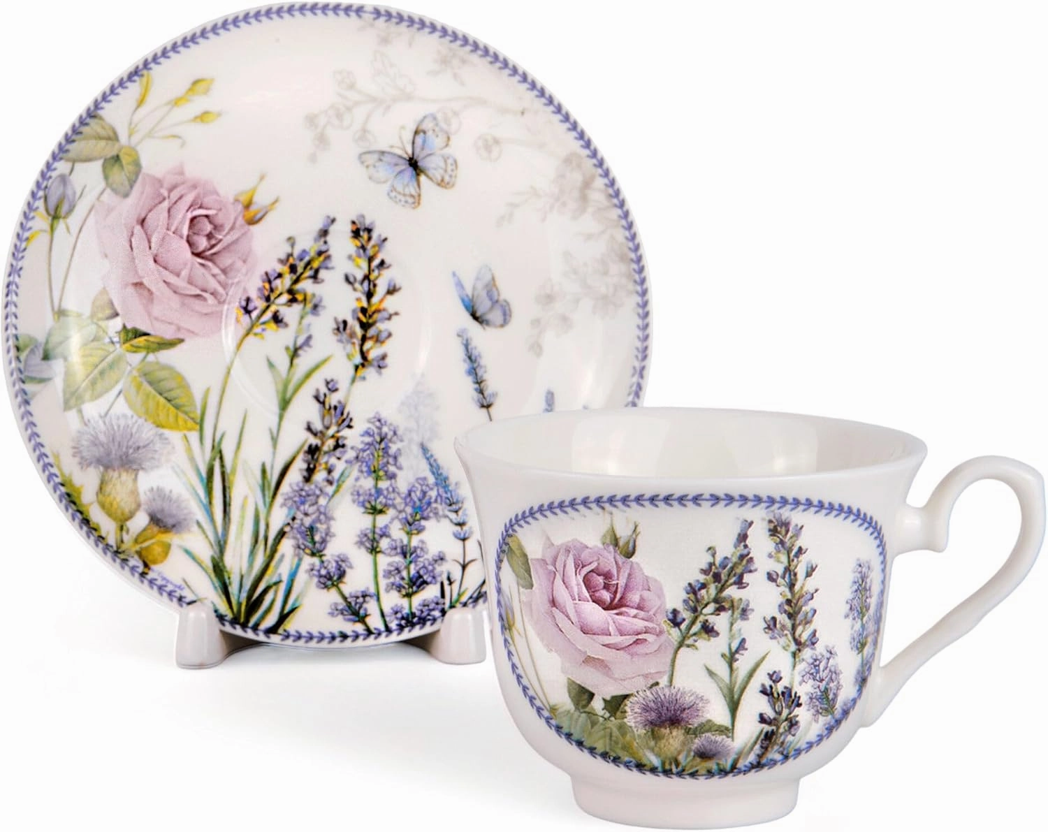 Bone China Tea/Coffee Cup and Saucer in Gift Box Fine Bone China Coffee Cup with Saucer Tea Cup and Saucer Set of One,Porcelain Cup and Saucer (Lavanda)