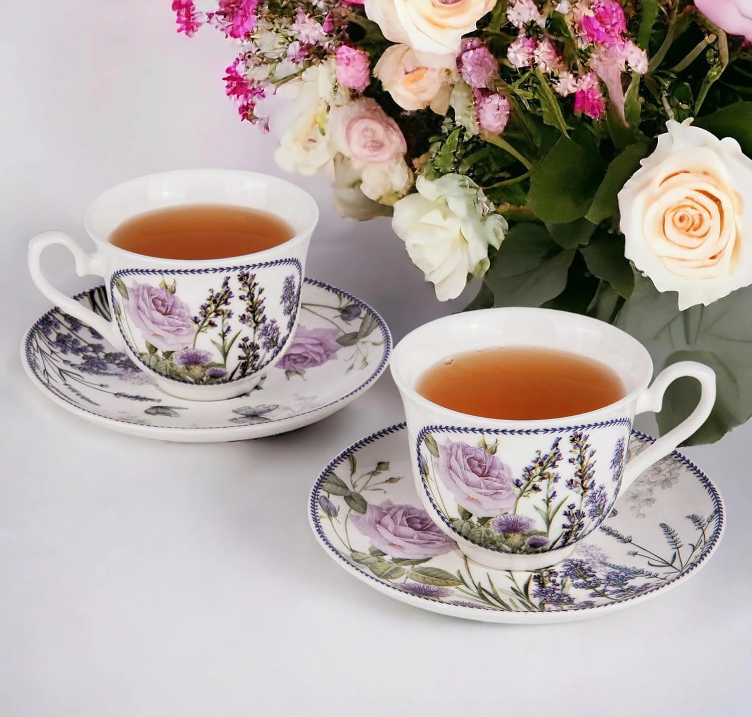 Bone China Tea/Coffee Cup and Saucer in Gift Box Fine Bone China Coffee Cup with Saucer Tea Cup and Saucer Set of One,Porcelain Cup and Saucer (Lavanda)