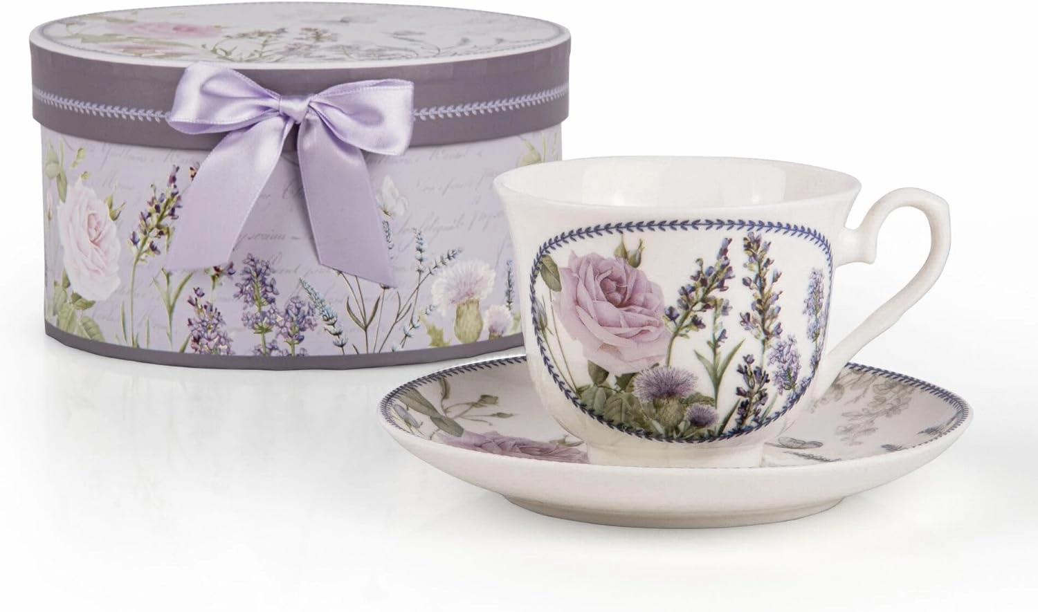 Bone China Tea/Coffee Cup and Saucer in Gift Box Fine Bone China Coffee Cup with Saucer Tea Cup and Saucer Set of One,Porcelain Cup and Saucer (Lavanda)