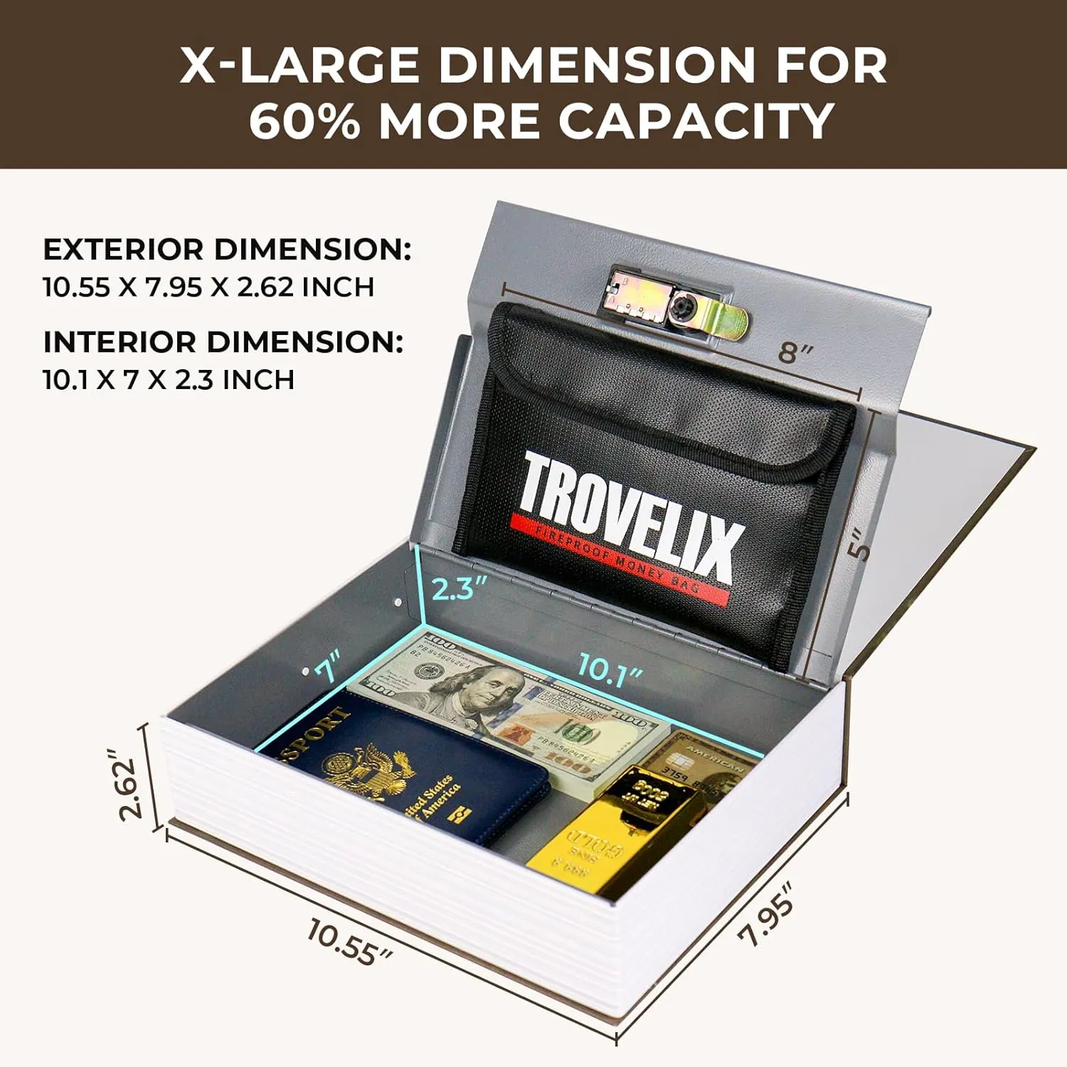 Book Safe with Combination Lock, Hidden Safe (10.55 x 7.95 x 2.62 Inch) with Fireproof Bag, Secret Diversion Safe, Hollow Book Box Hidden Storage, Money Safe Box for Cash (X-Large COFFEE)