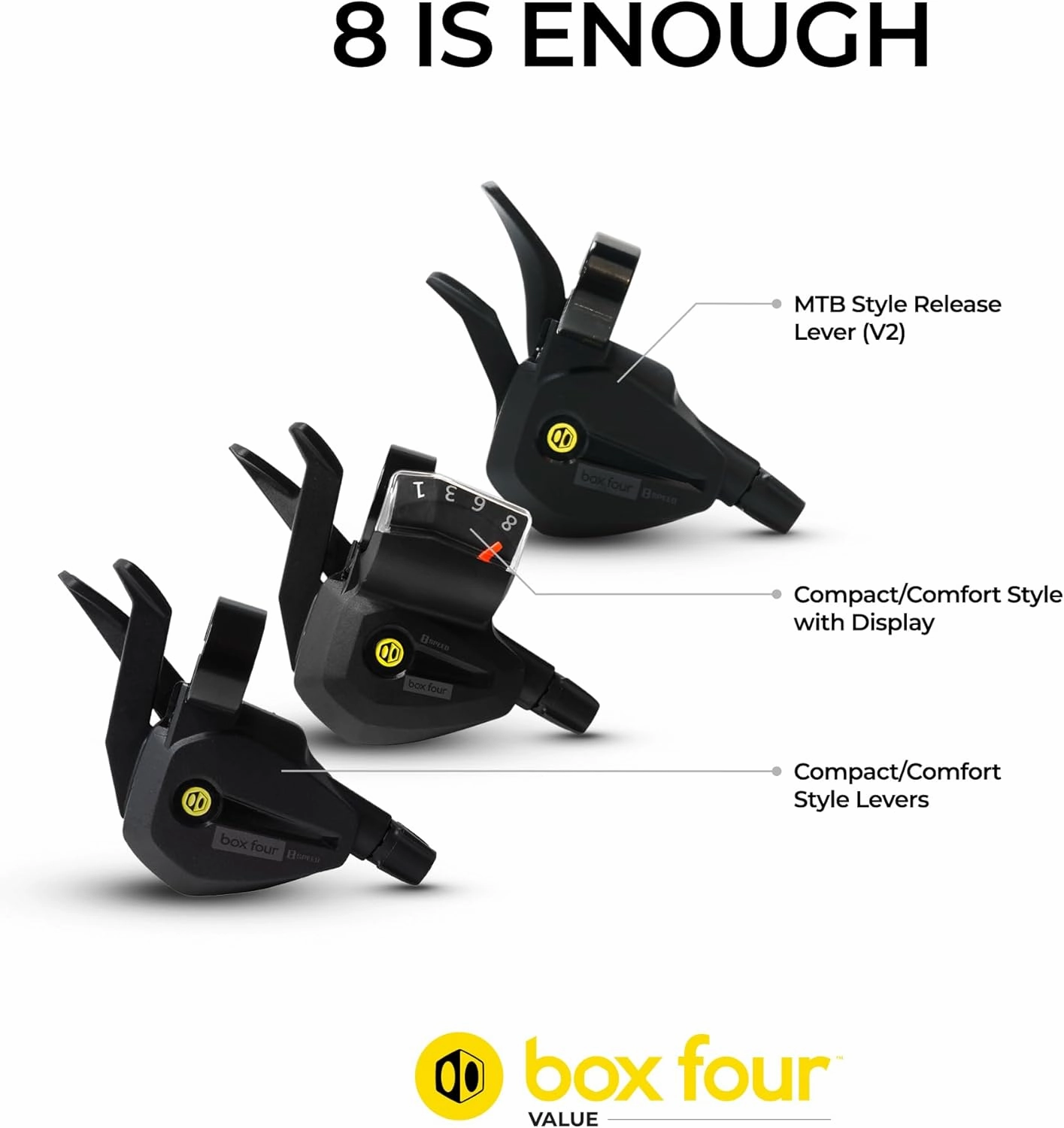 Box Four 8 Speed E-Bike Shifter 1 Gear Per Click, Non E-Bike Shifter 2 Piece Pull Lever up to 3 Gears Per Click Bicycle Shift Lever Cable for Mountain Bike Shifters, MTB, Bicycle Gear Shifter Cycling