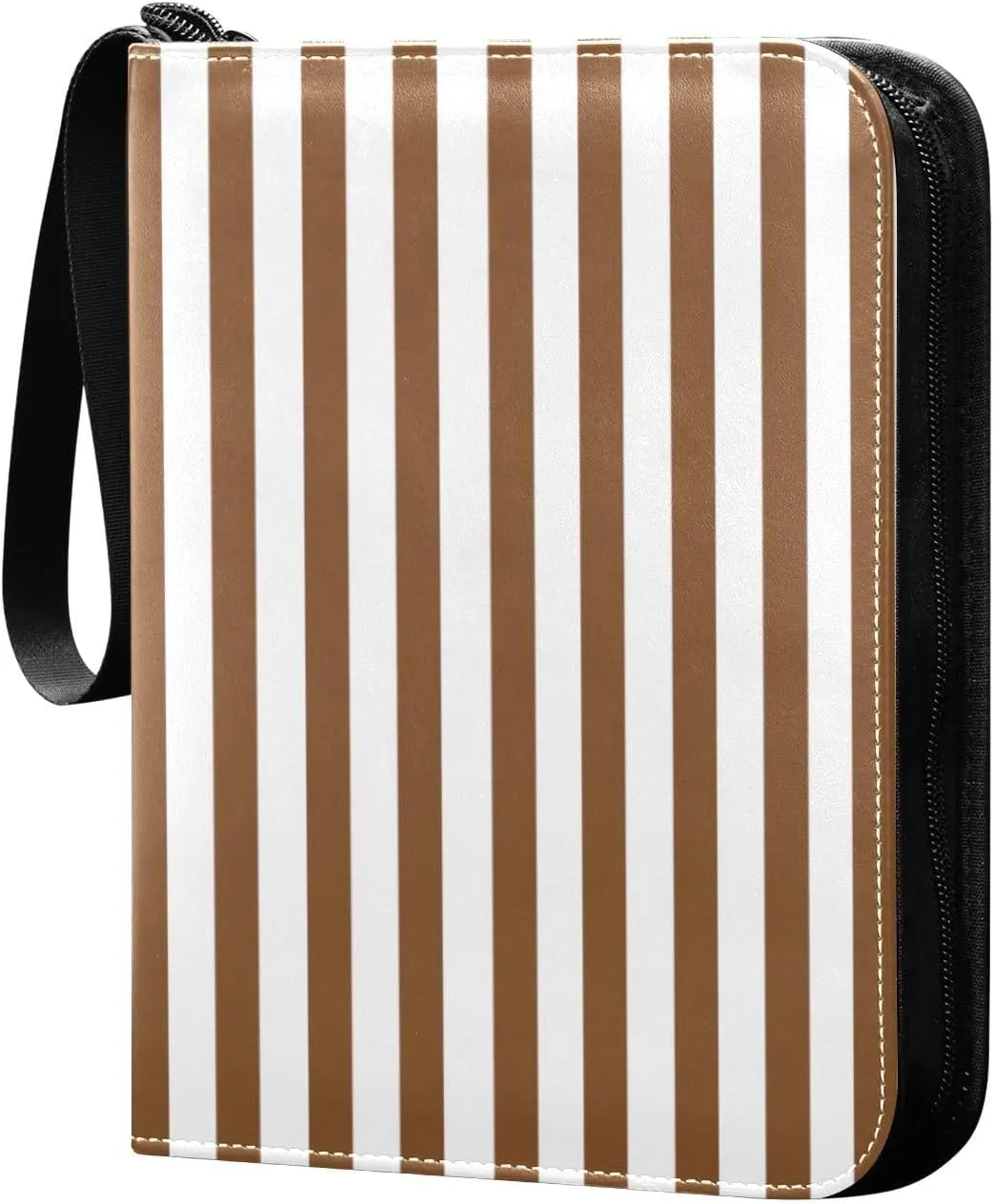 Brown White Stripes Card Binder 4 Pocket Trading Card Album Fits 400 Sports/Game Cards, PU Cover 3 Ring Card Collection with 50 Removable Sleeves