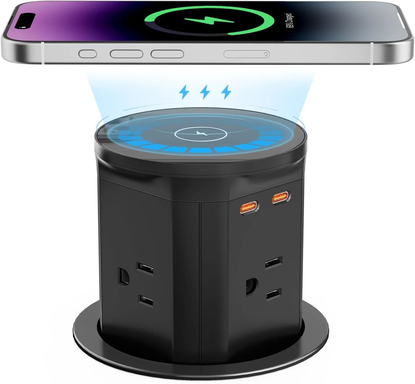 BTU Pop Up Outlet for Kitchen Countertop with 15W Wireless Charger, 20W USB C Fast Charging & 4 AC Outlet, 3 3/8" Hole Desk Charging Station Pop Out Outlet for Office, Conference, Kitchen Use