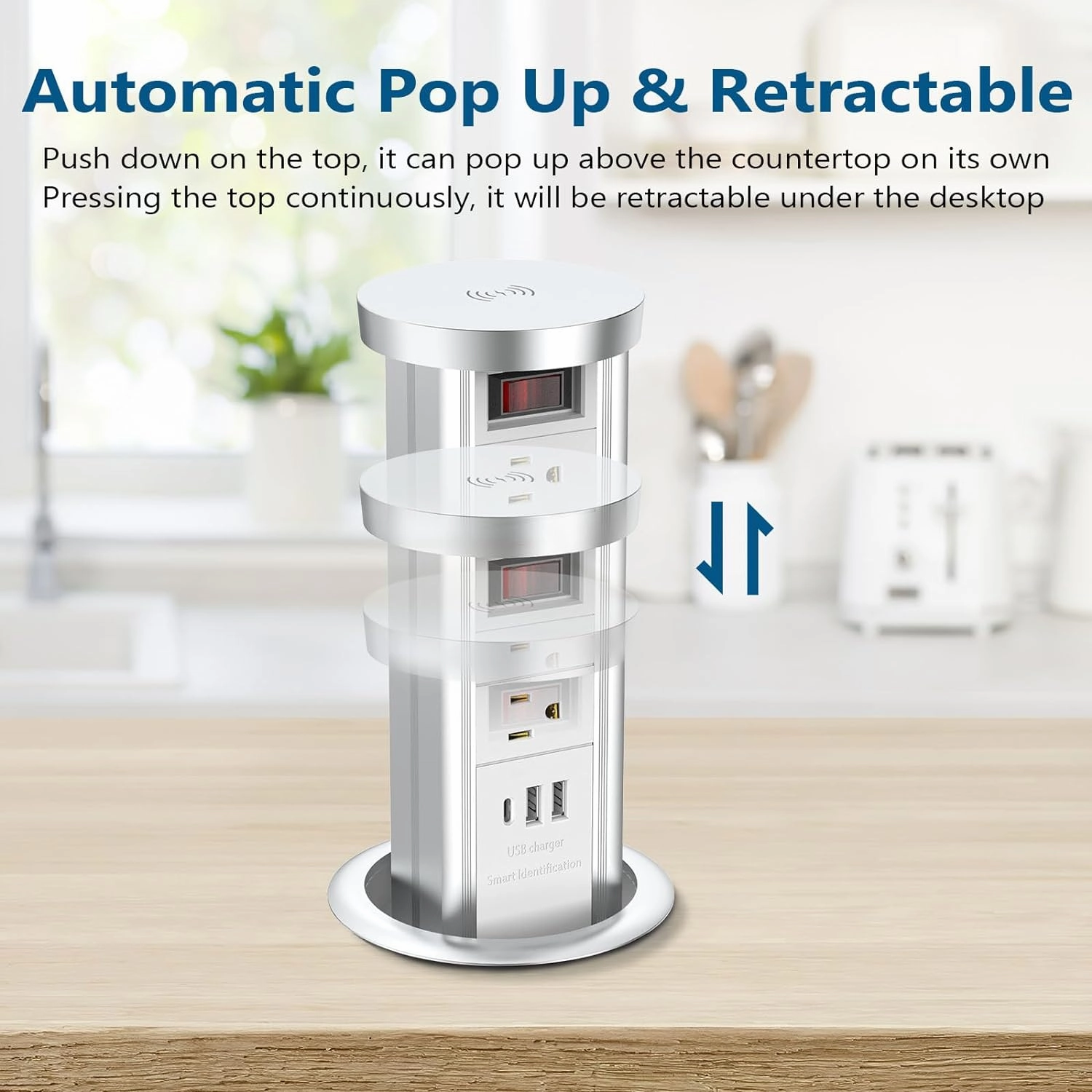 BTU Pop Up Outlet for Countertop, Receptacle Power Strip with USB C & 4 AC Outlet, Pull Popup Outlet Recessed Power Socket with 10W Wireless Charger for Kitchen Conference Office