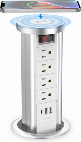 BTU Pop Up Outlet for Countertop, Receptacle Power Strip with USB C & 4 AC Outlet, Pull Popup Outlet Recessed Power Socket with 10W Wireless Charger for Kitchen Conference Office