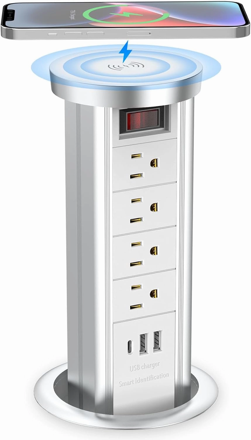 BTU Pop Up Outlet for Countertop, Receptacle Power Strip with USB C & 4 AC Outlet, Pull Popup Outlet Recessed Power Socket with 10W Wireless Charger for Kitchen Conference Office