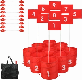 Bucket Golf Game Set - 9 Hole Portable Mini Golf Course with Storage Bag - Fun Outdoor Yard Game for Adults & Kids at Beach, Park, Backyard - Includes Balls & Clubs Red