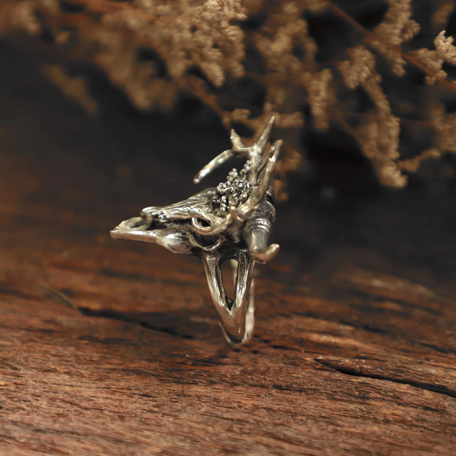 buffalo flower skull ring gazelle impala head men sterling silver 925 biker boho animal (10.5)