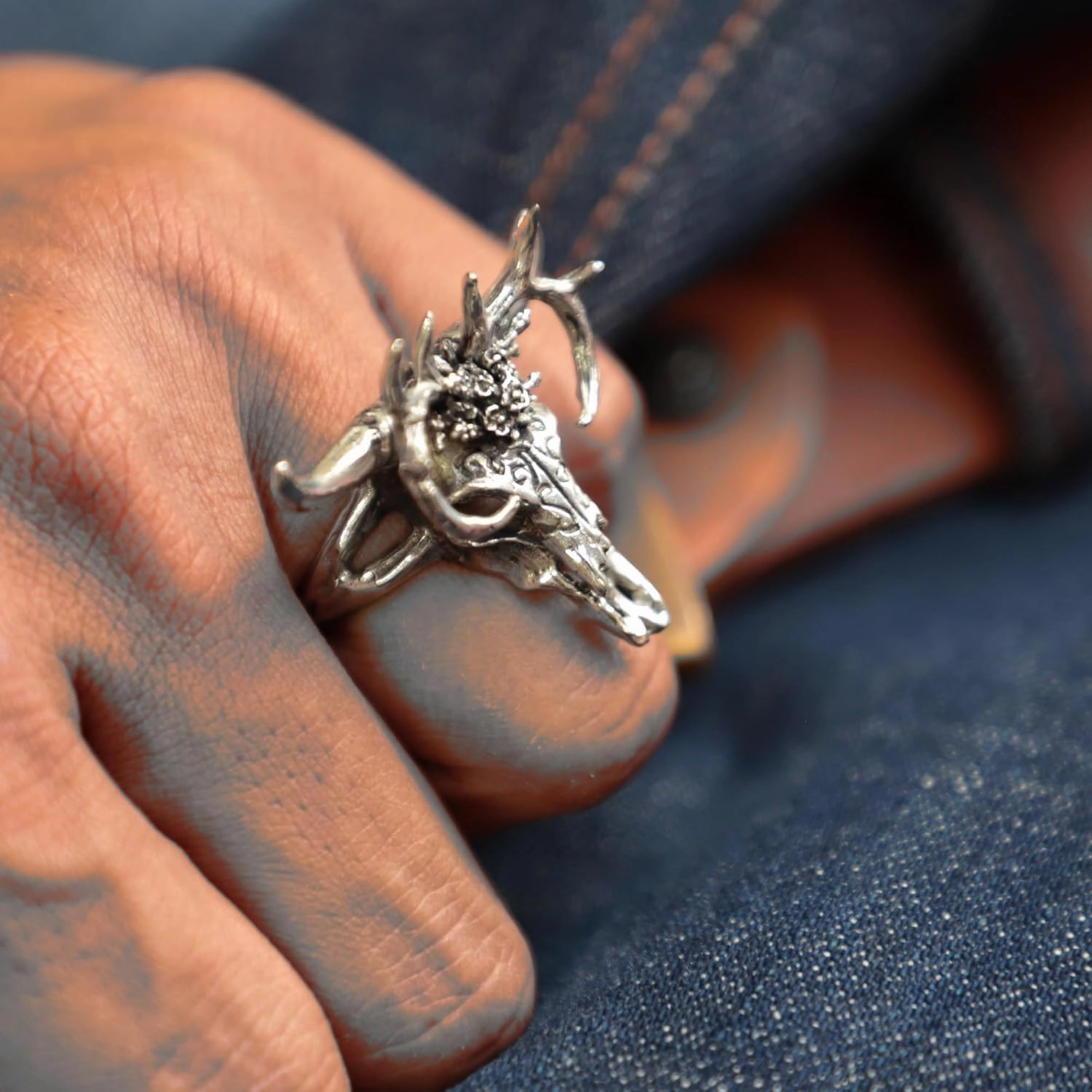 buffalo flower skull ring gazelle impala head men sterling silver 925 biker boho animal (10.5)