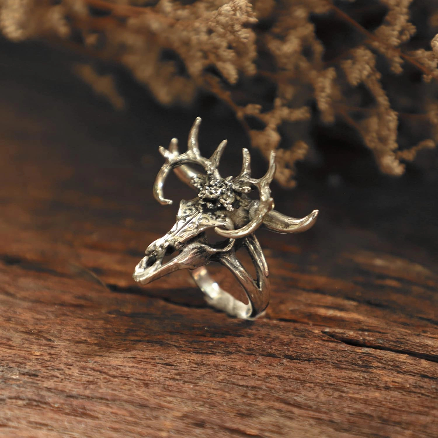 buffalo flower skull ring gazelle impala head men sterling silver 925 biker boho animal (10.5)