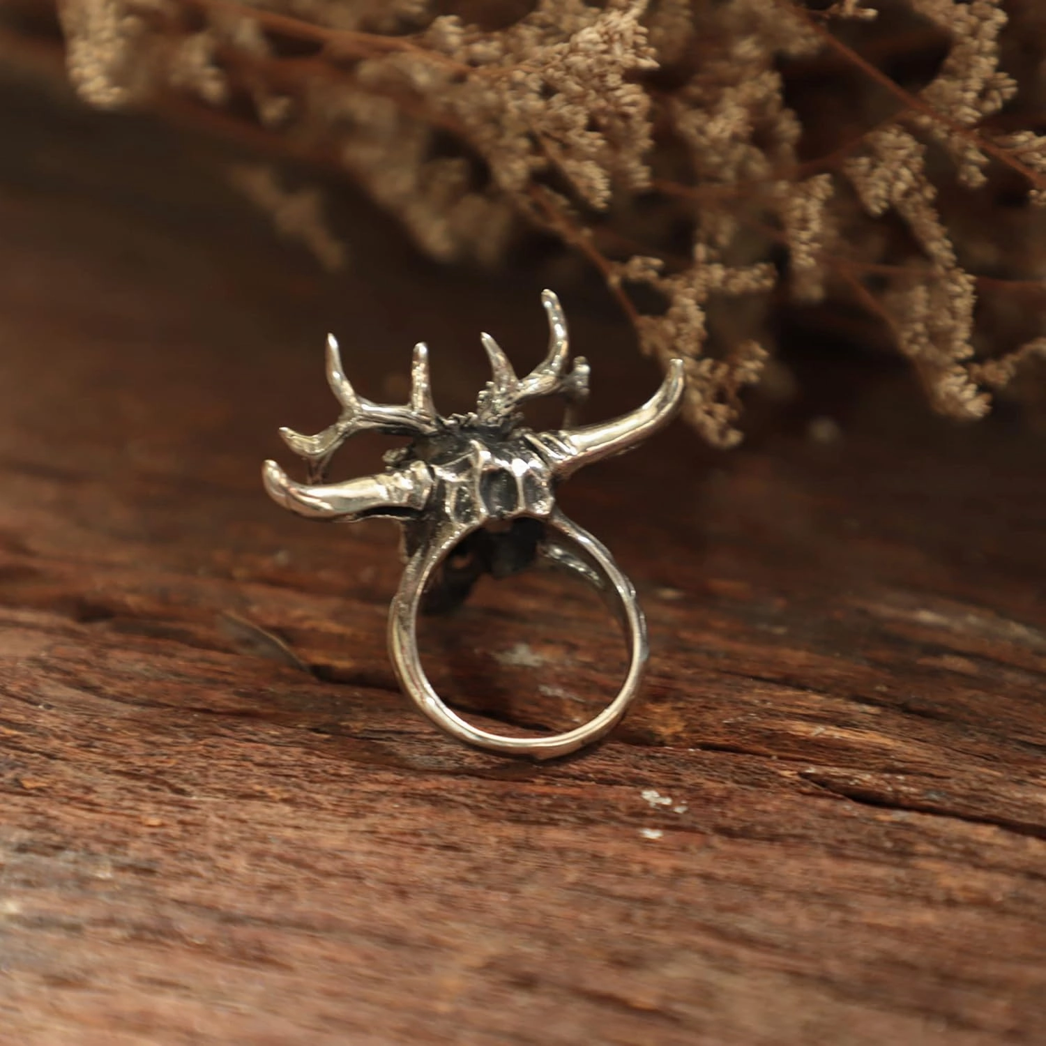 buffalo flower skull ring gazelle impala head men sterling silver 925 biker boho animal (10.5)